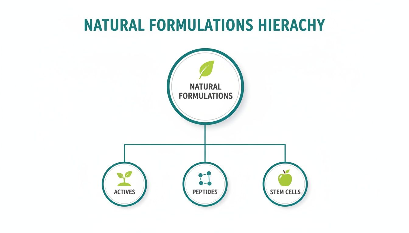A hierarchy diagram illustrating natural formulations, branching into actives, peptides, and stem cells.