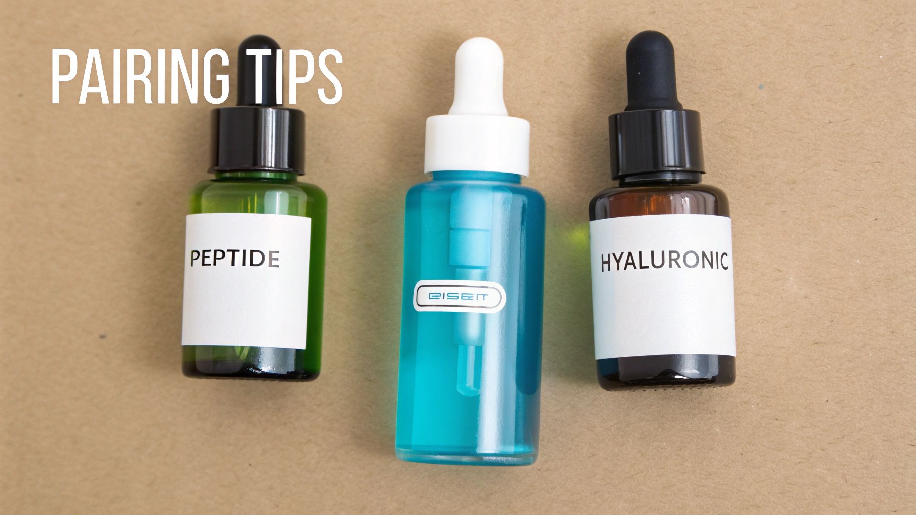 Three cosmetic dropper bottles, including peptide and hyaluronic acid serums, for skincare pairing tips.