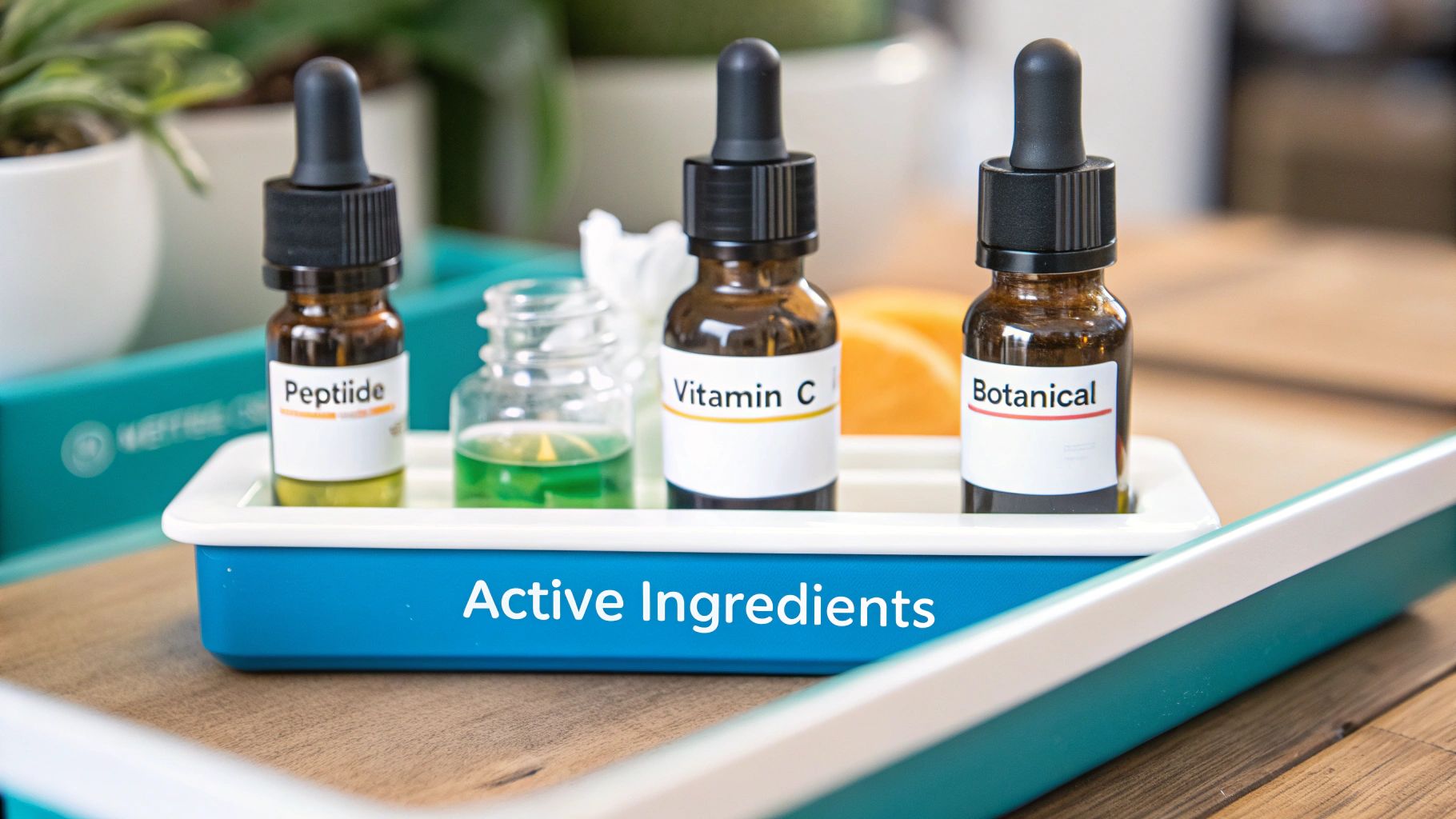Skincare active ingredients: Peptide, Vitamin C, and Botanical in dropper bottles on a blue tray.