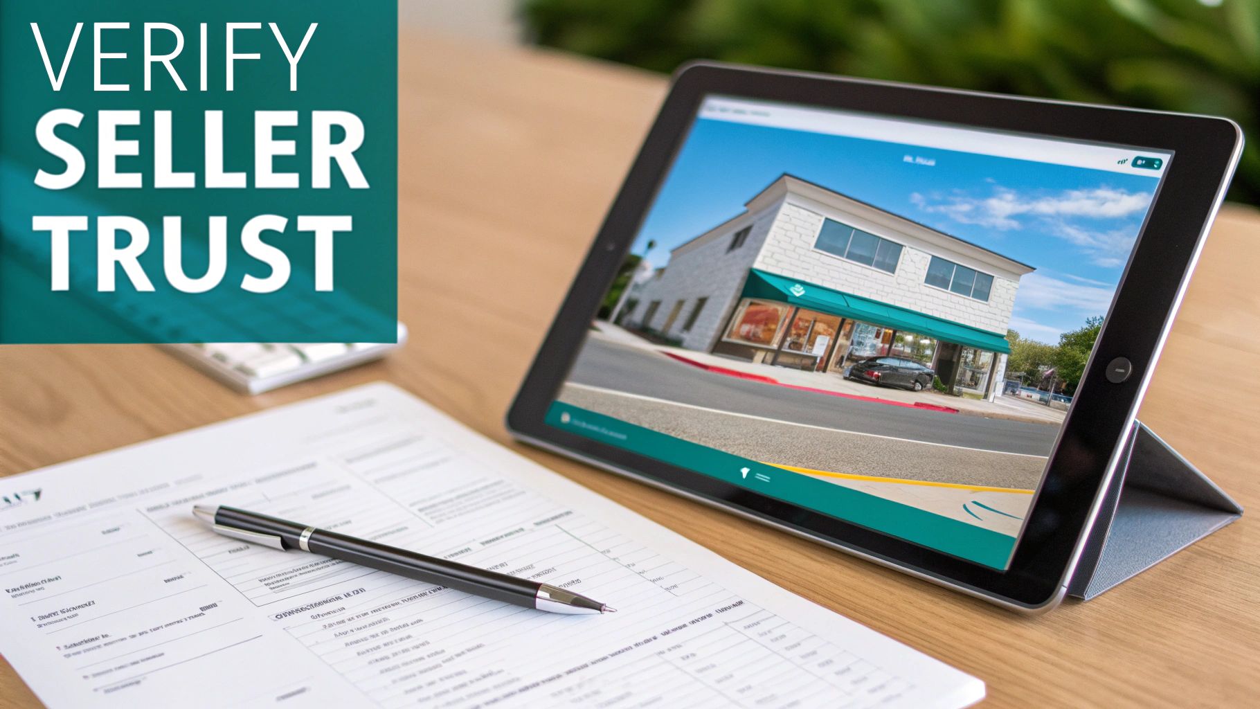 A business desk setup with a tablet displaying a storefront, documents, and a pen, emphasizing seller trust.