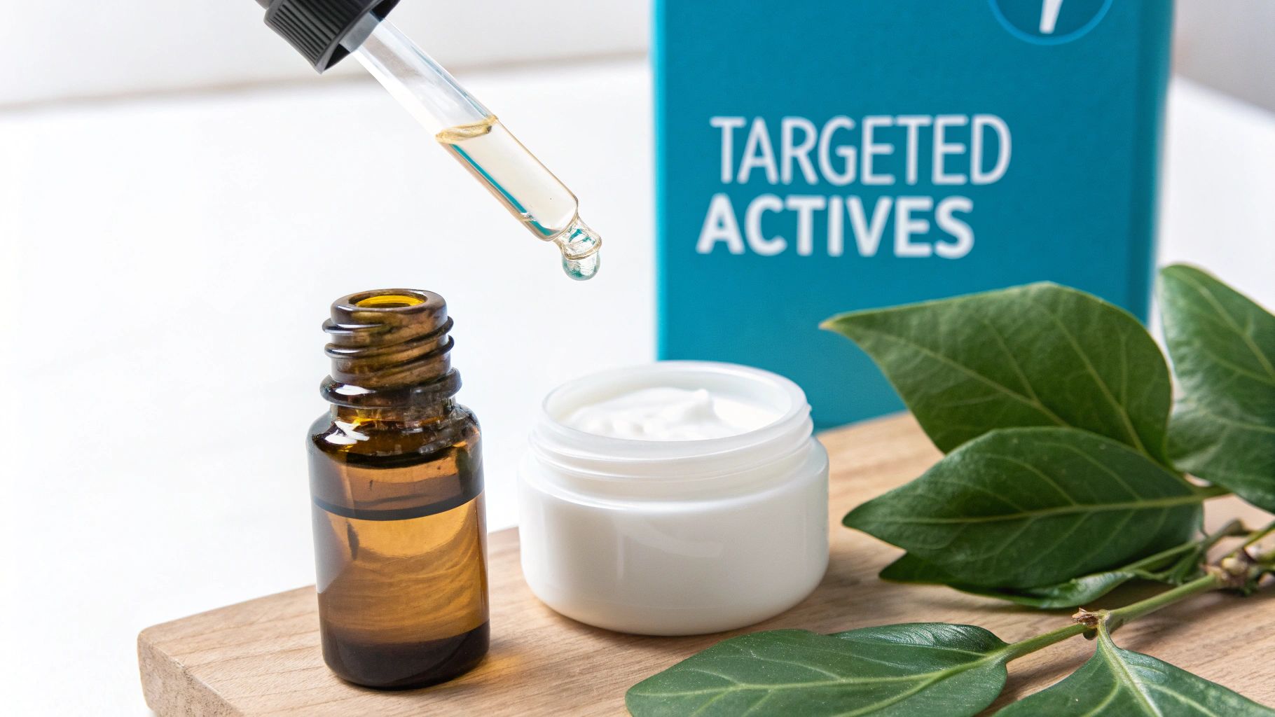 Skincare ingredients including a dropper, serum bottle, cream, and 'Targeted Actives' packaging.