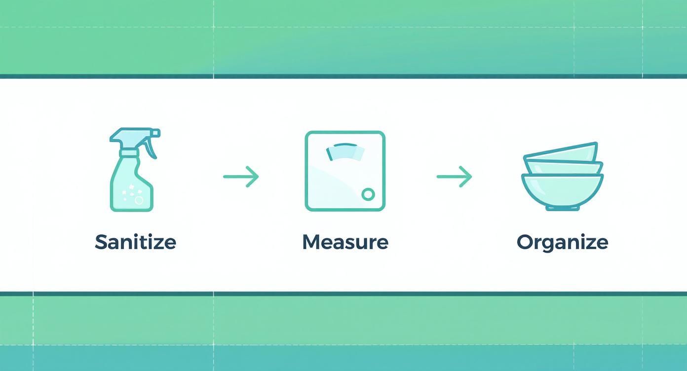 Three step process showing sanitize with spray bottle, measure with scale, and organize with stacked bowls