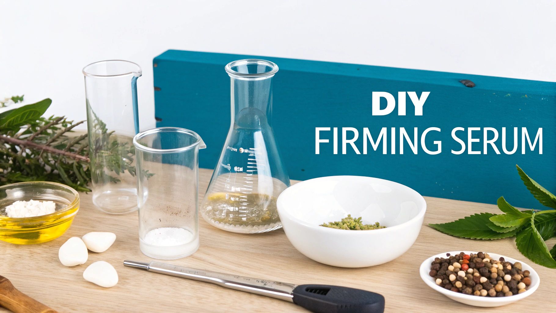 Ingredients and lab equipment on a wooden table for making a DIY firming serum.