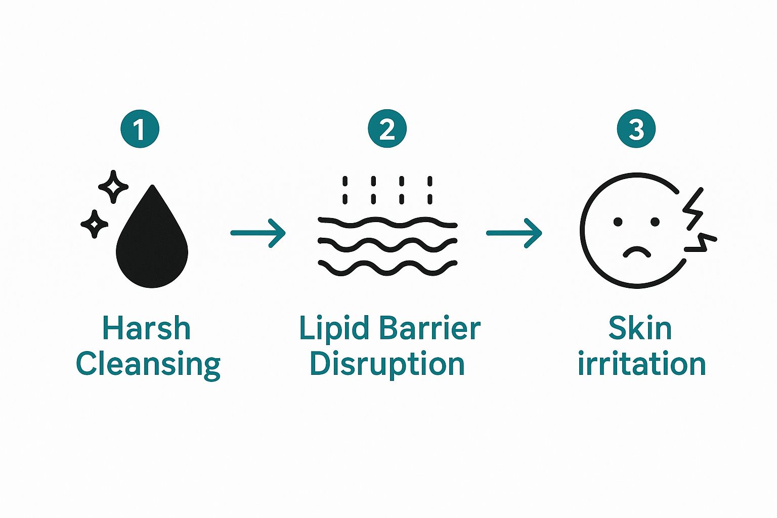 Infographic showing that harsh cleansing leads to lipid barrier disruption, which in turn leads to skin irritation.
