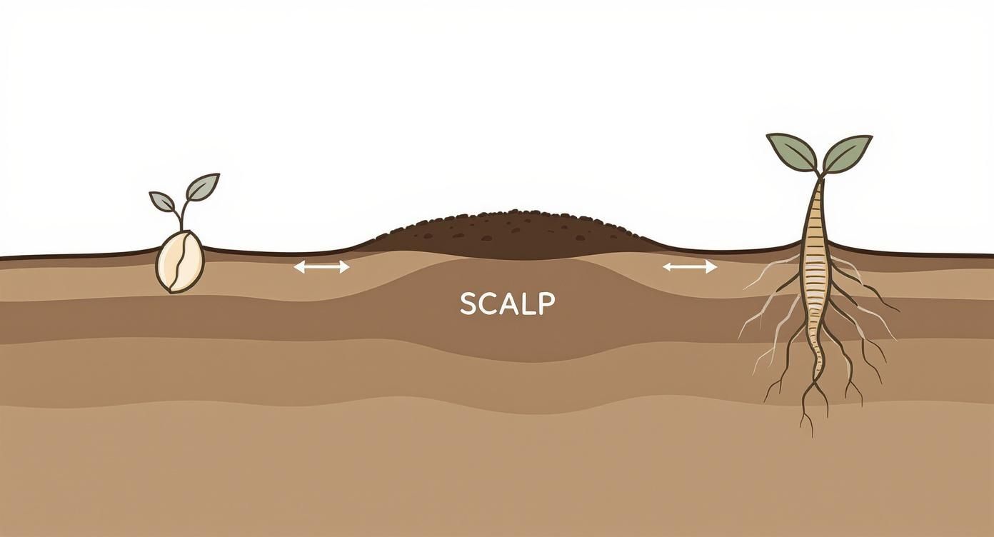 A soil cross-section illustrating early plant growth, showing a sprout, developed roots, and a soil mound labeled 'SCALP'.