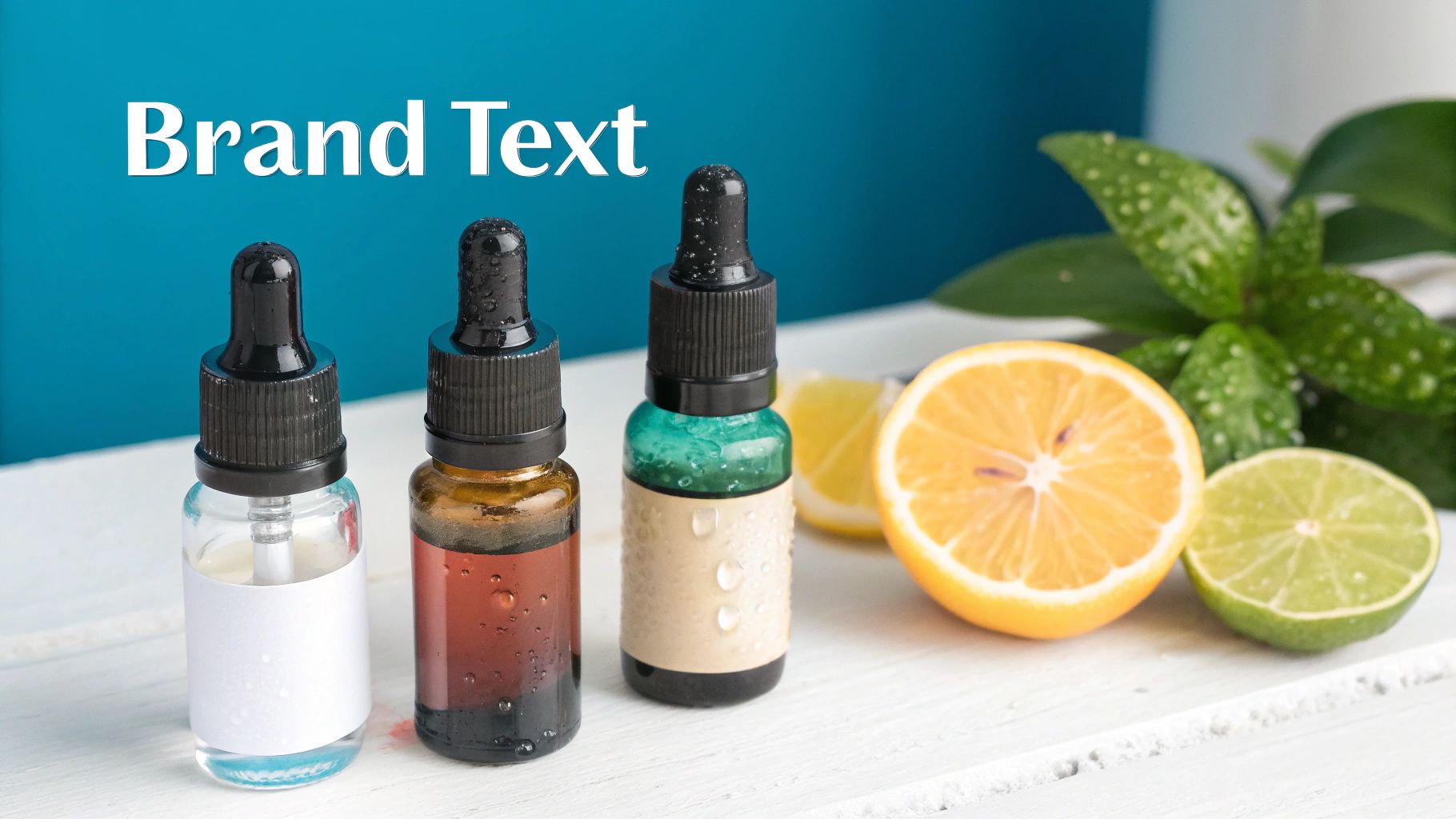Three dropper bottles of natural serum with citrus fruits and a plant on a white surface.