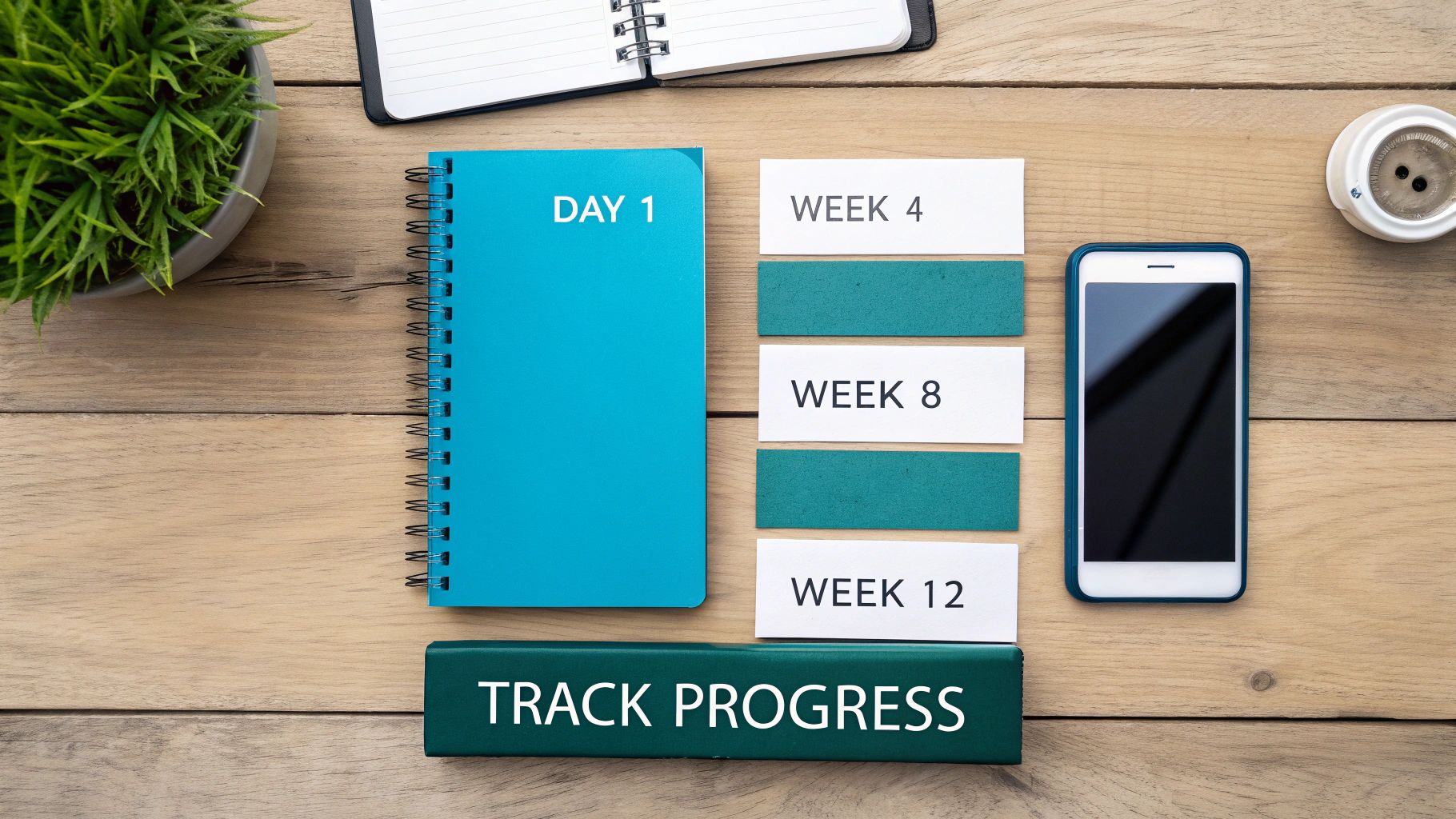 Desk flat lay with 'DAY 1' notebook and progress tracking cards for weeks, next to a smartphone.