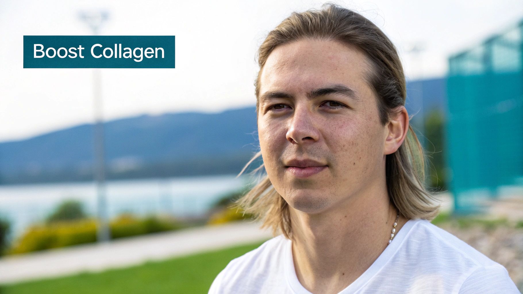 A young man with long blonde hair wearing a white shirt, with 'Boost Collagen' text.