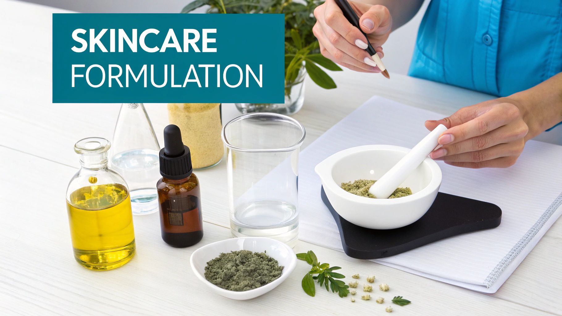 Hands preparing natural skincare ingredients, oils, and powders on a white table for formulation.
