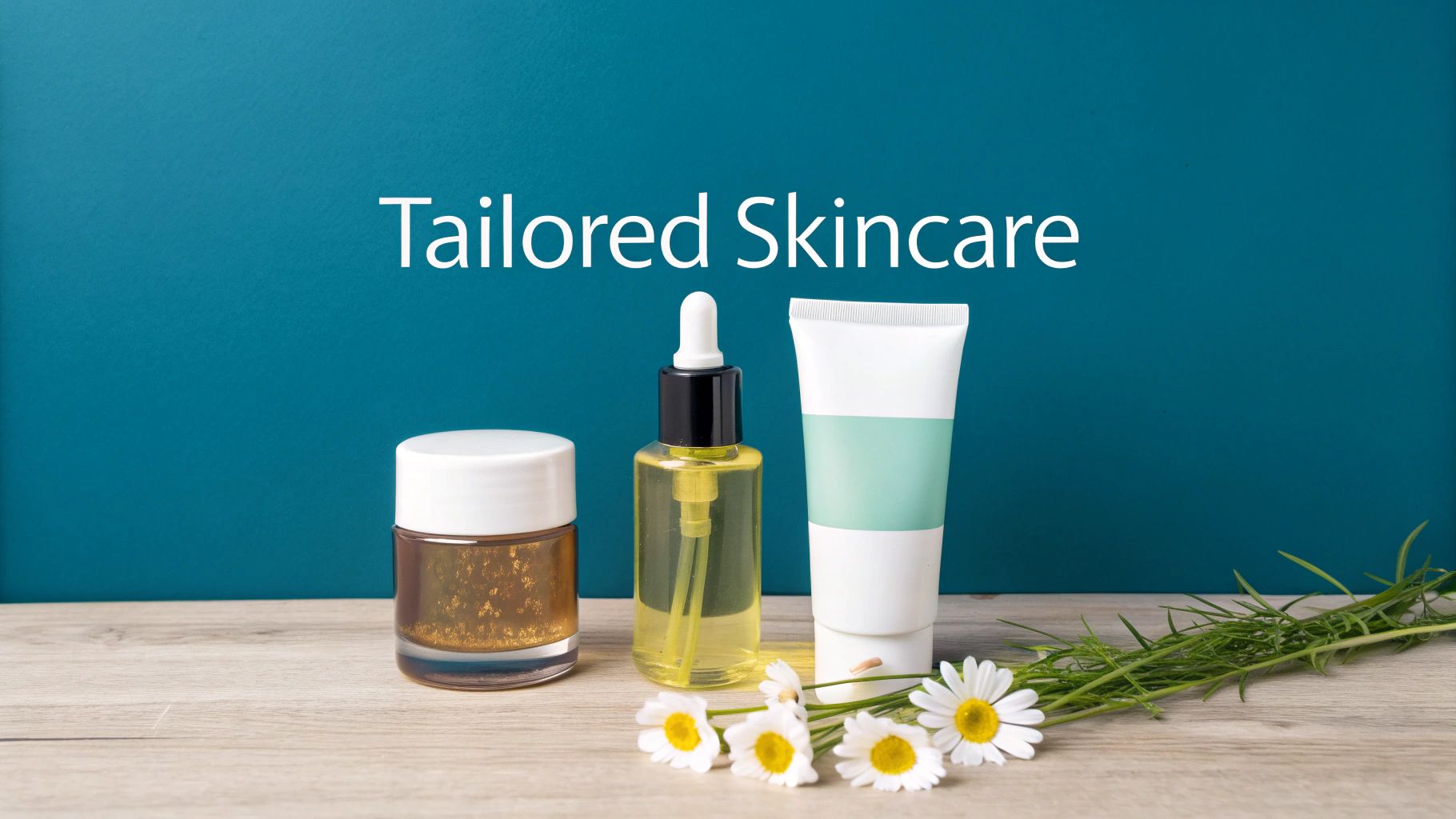 Three natural skincare products, including a serum bottle, cream jar, and tube, with chamomile flowers on a wooden table.