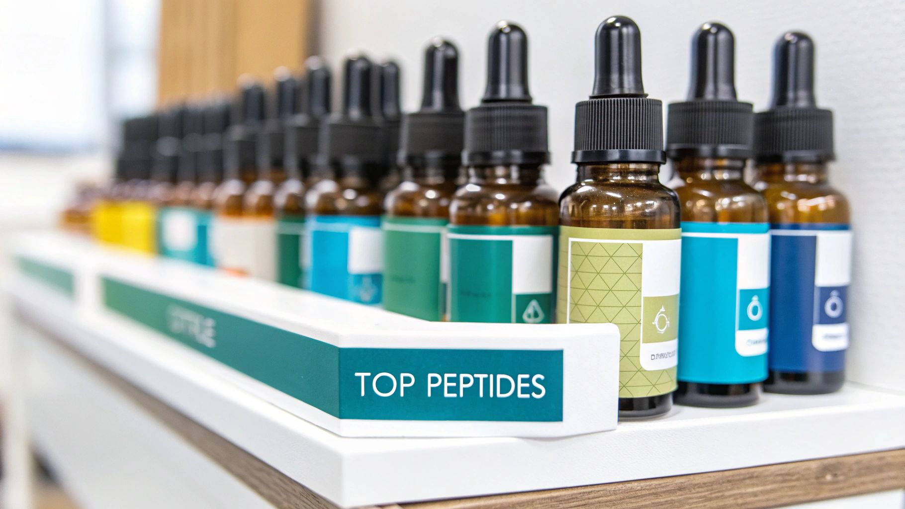 Three cosmetic droppers with peptide serums inside, arranged neatly on a clean, modern surface.