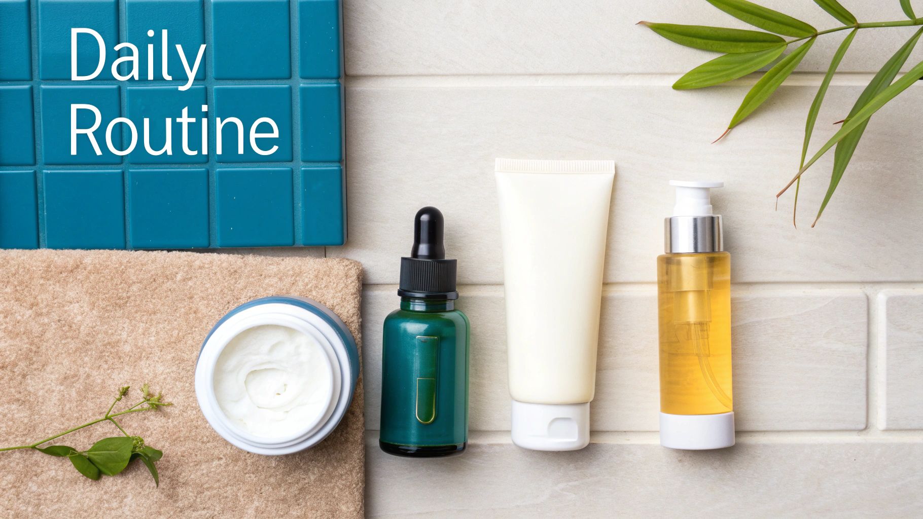 A flat lay of various skincare products for a daily routine on a tiled surface.