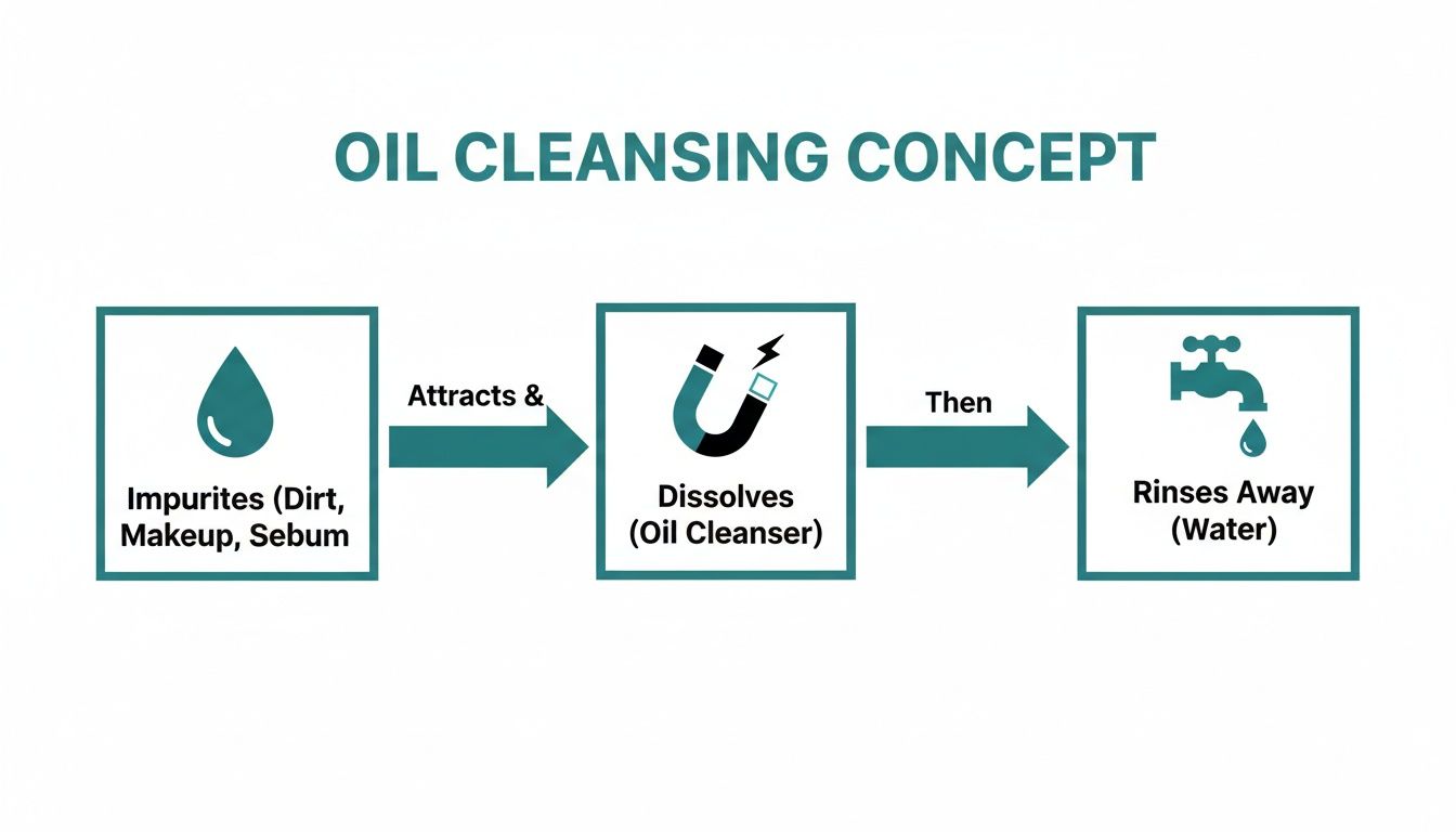 Flowchart detailing the oil cleansing concept: impurities are attracted, dissolved by oil cleanser, then rinsed with water.