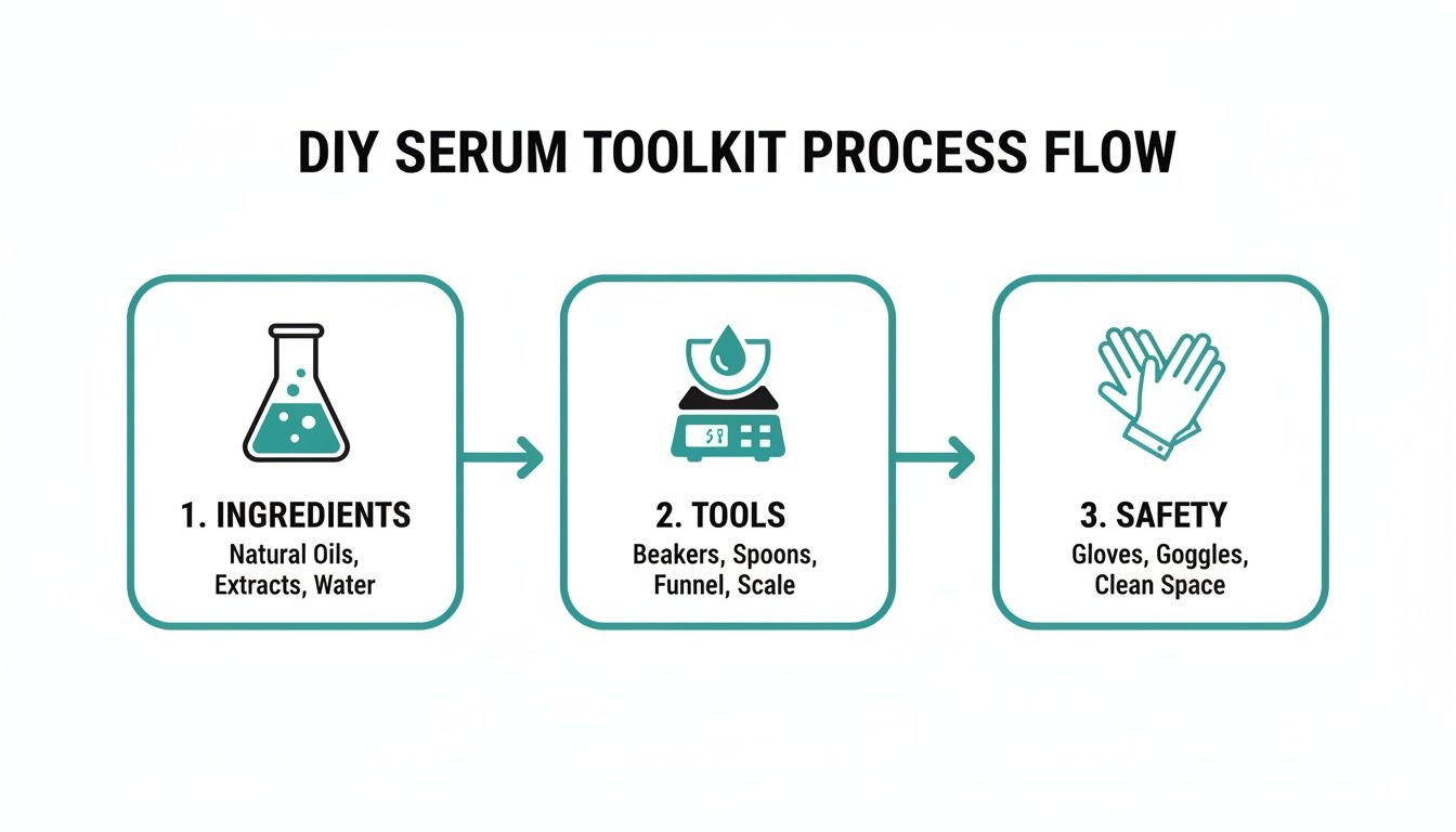 Infographic illustrating the DIY serum toolkit process, detailing ingredients, necessary tools, and safety measures.