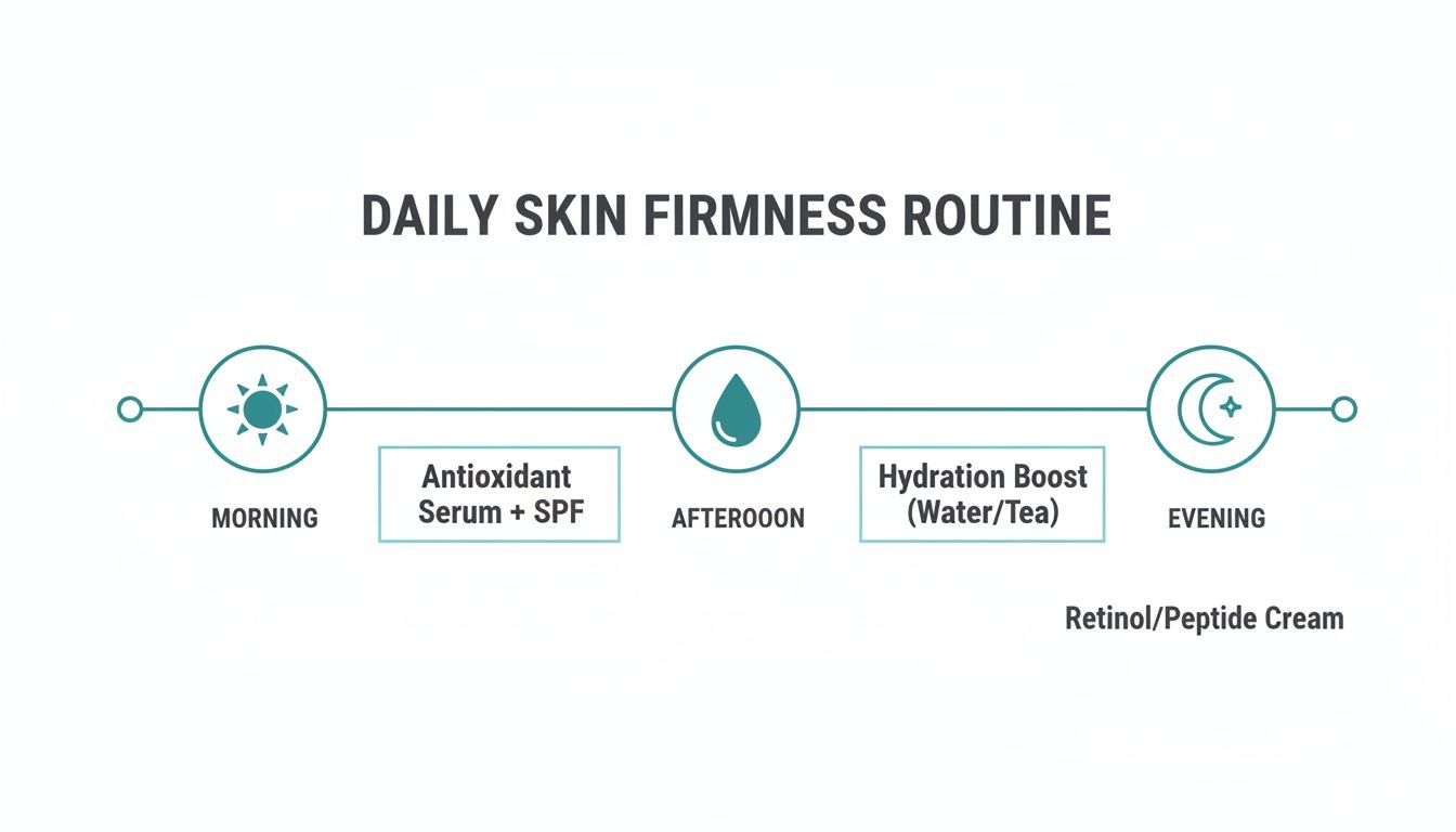 A daily skin firmness routine timeline illustrating morning, afternoon, and evening skincare steps.