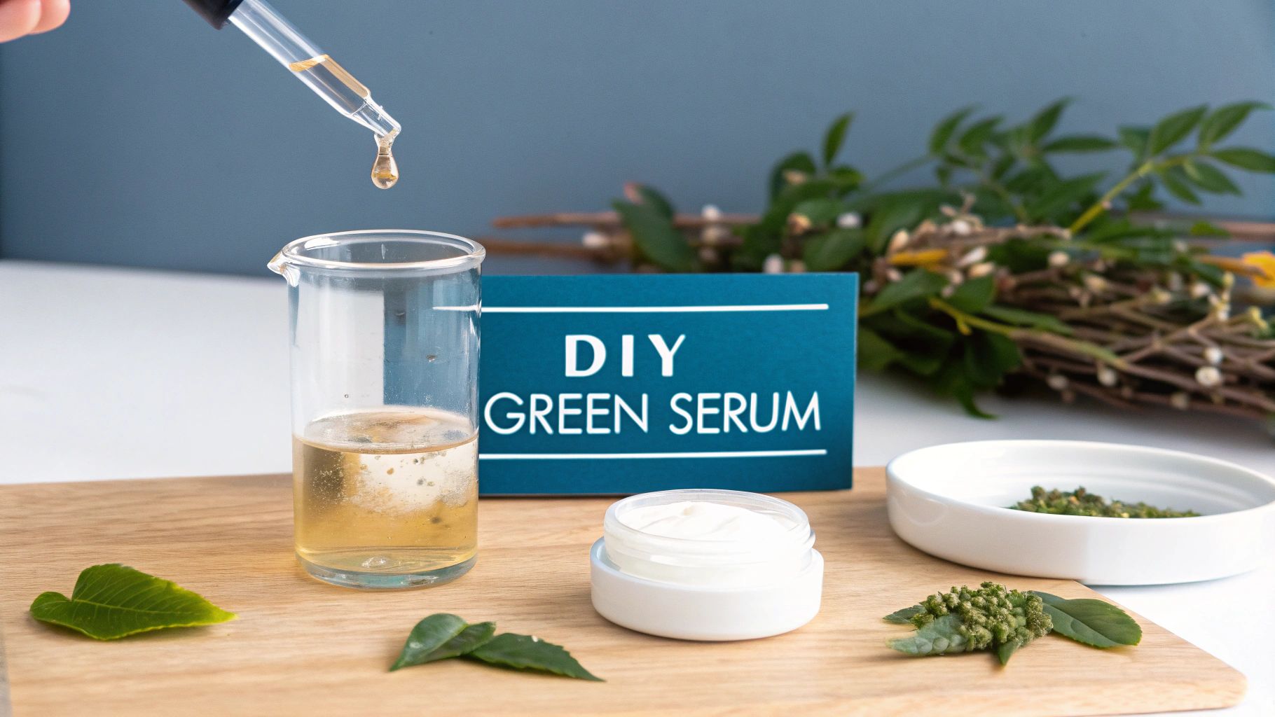 A hand drips golden serum from a pipette into a beaker, surrounded by natural ingredients for a DIY green serum.