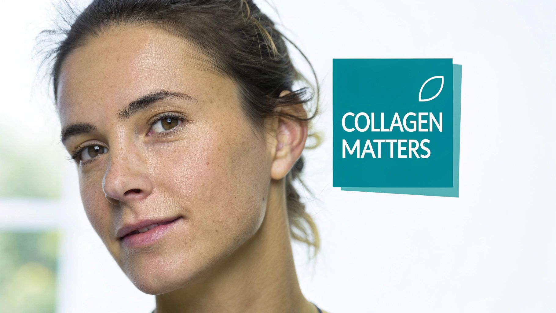 Close-up of a young woman with freckles looking at the camera, next to a 'COLLAGEN MATTERS' logo.