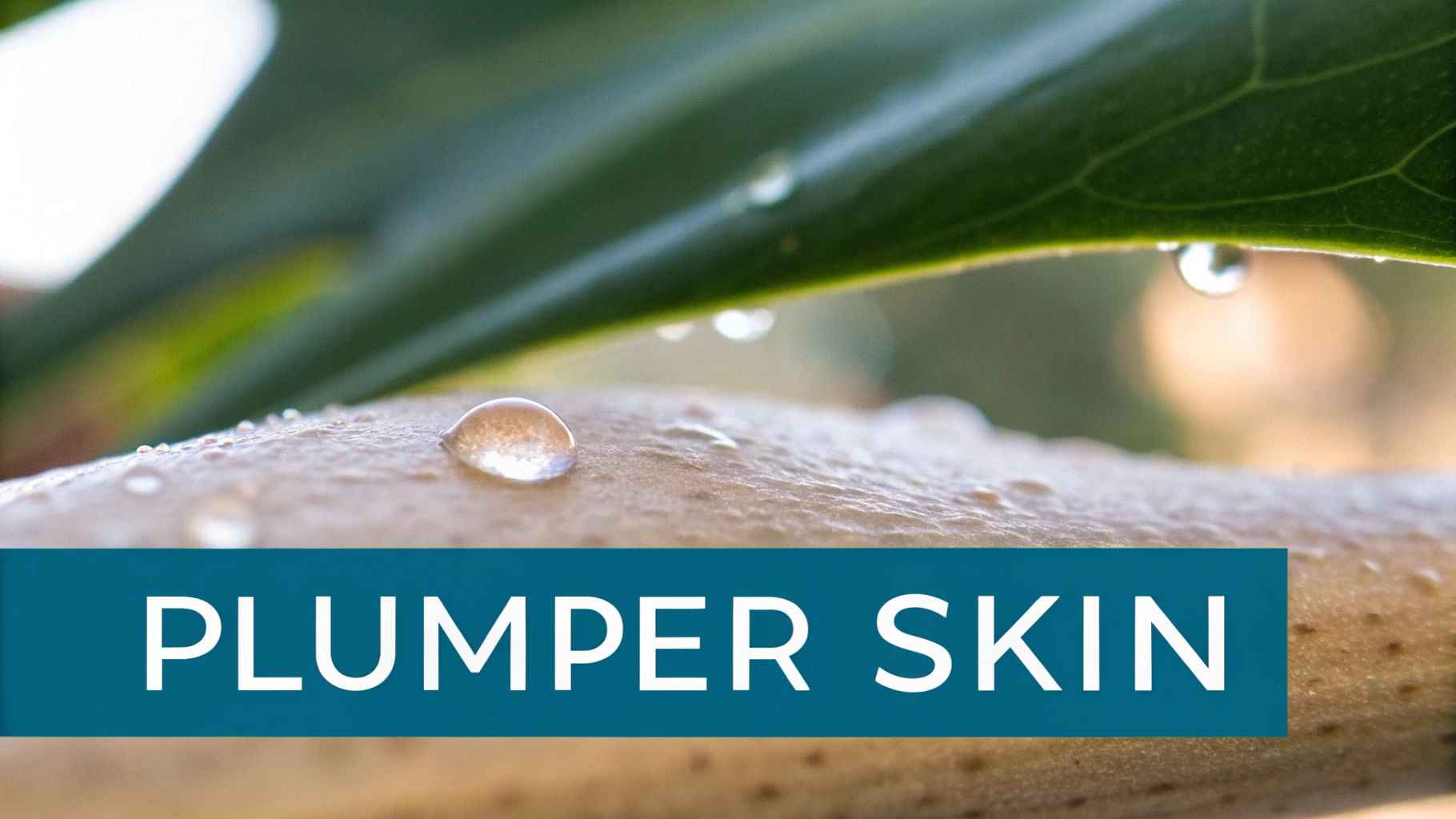 Close-up of a textured surface with water droplets and a blurred green leaf, with text 'PLUMPER SKIN'.