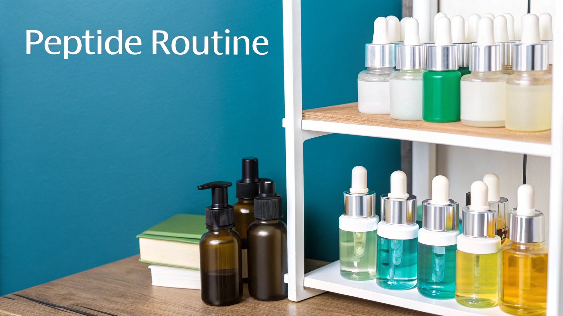 A person applying a peptide serum from a dropper onto their cheek, with a clean, bright bathroom in a background.