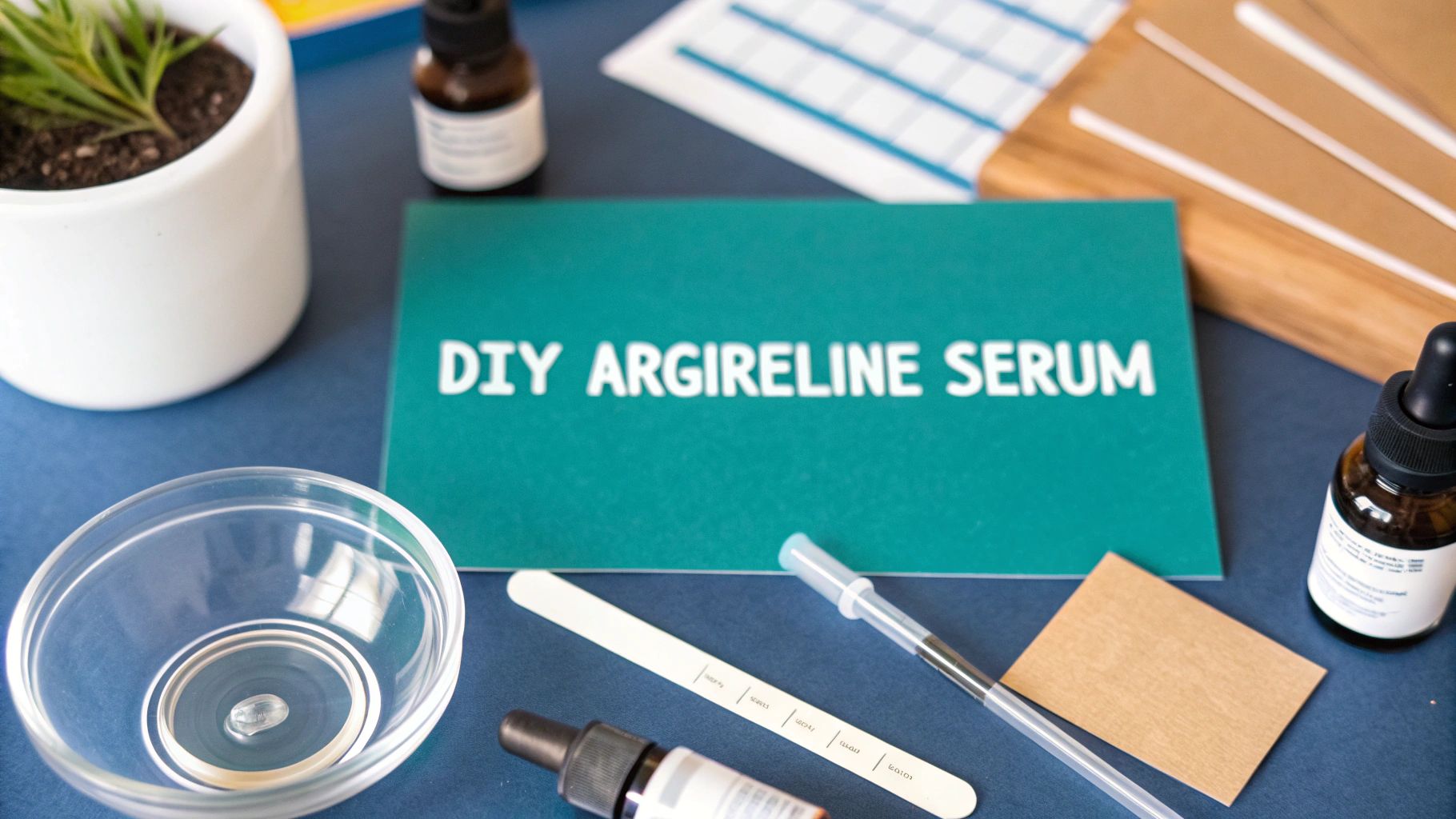 A close-up flat lay showing ingredients and tools for making a DIY Argireline Serum.