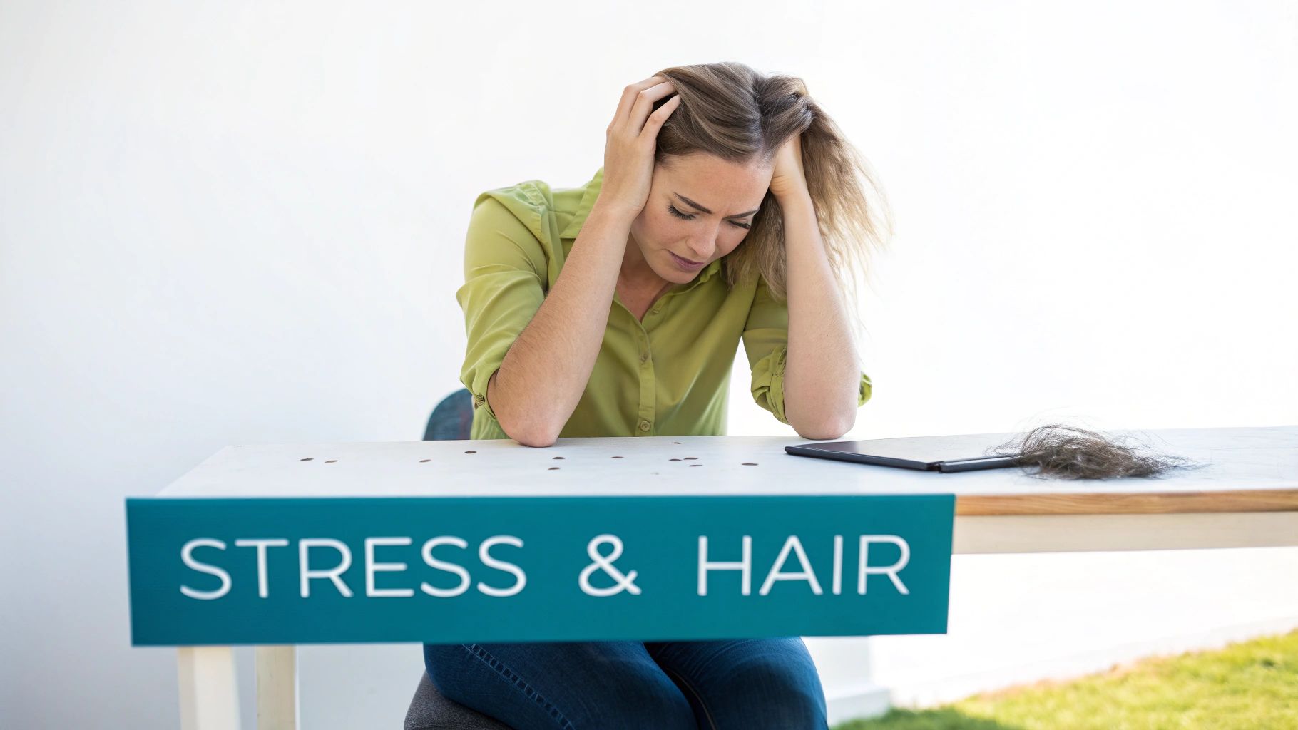 A distressed woman with hands on her head, looking at hair on a table next to a 'Stress & Hair' sign.