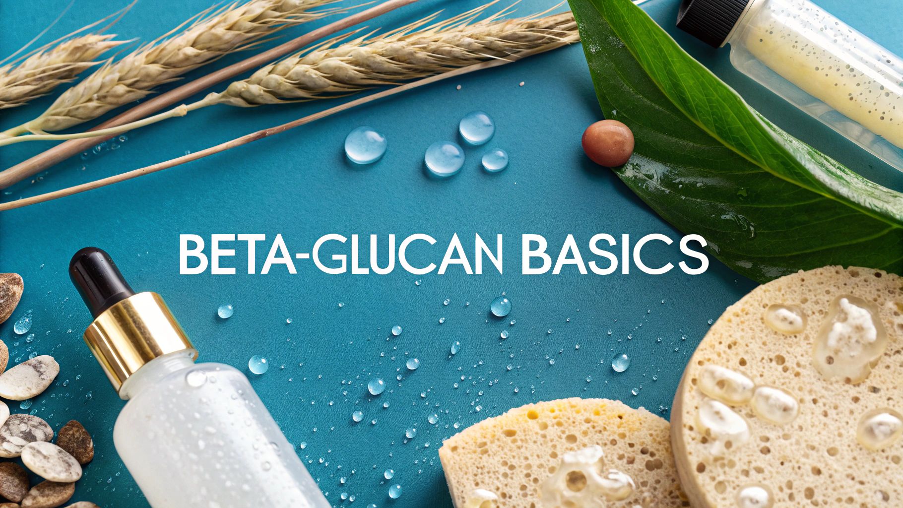 Close-up of skincare ingredients like beta-glucan, wheat, natural extracts, and water droplets on a blue background, with 'BETA-GLUCAN BASICS' text.