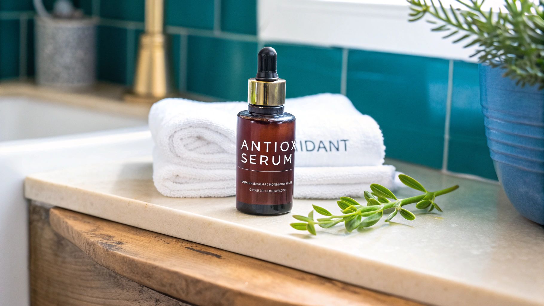Antioxidant serum bottle with a dropper, white towels, and green plant on a bathroom counter.