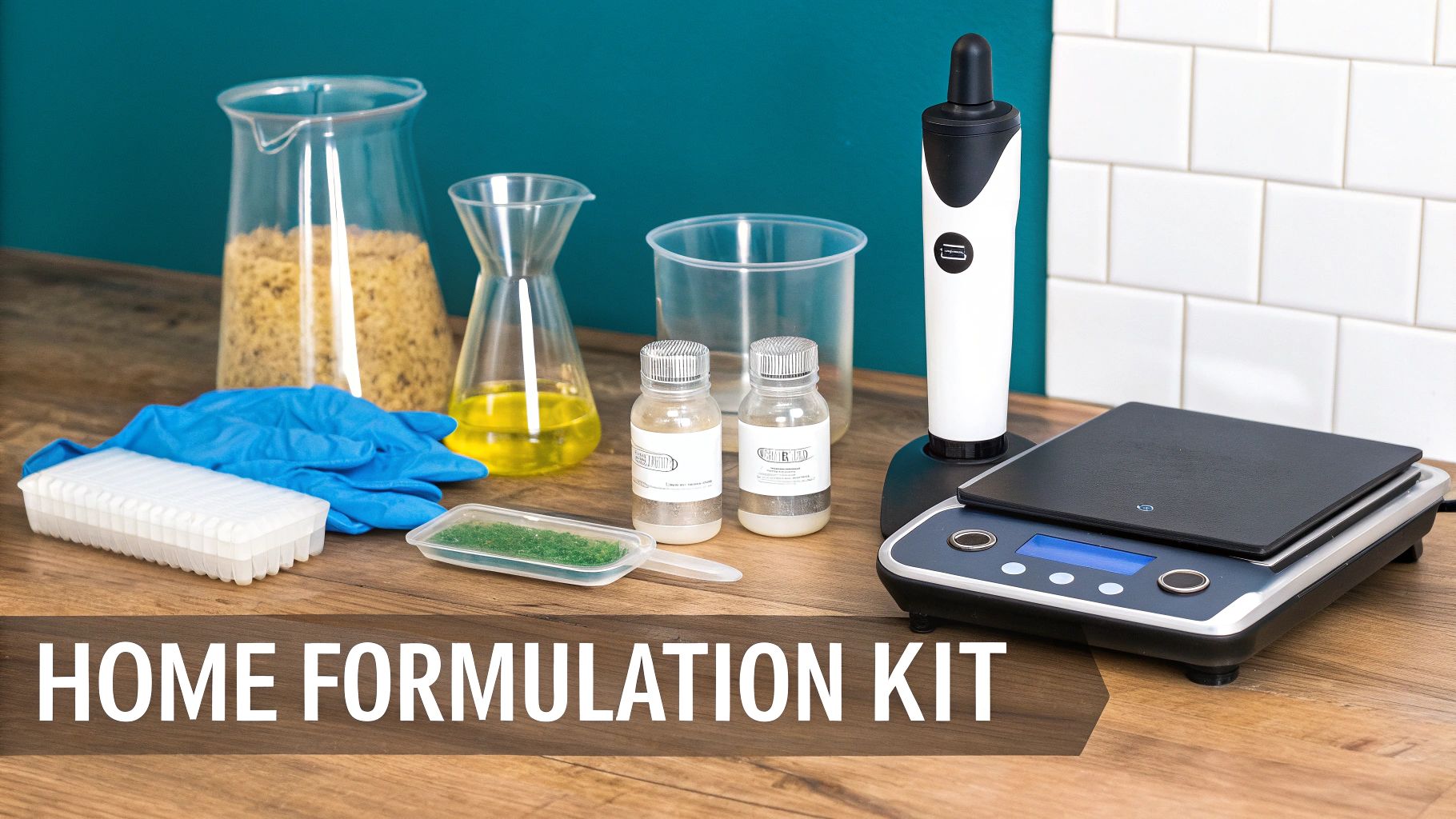 A clean, organized workspace with beakers, a digital scale, and various bottles of ingredients for making skincare.