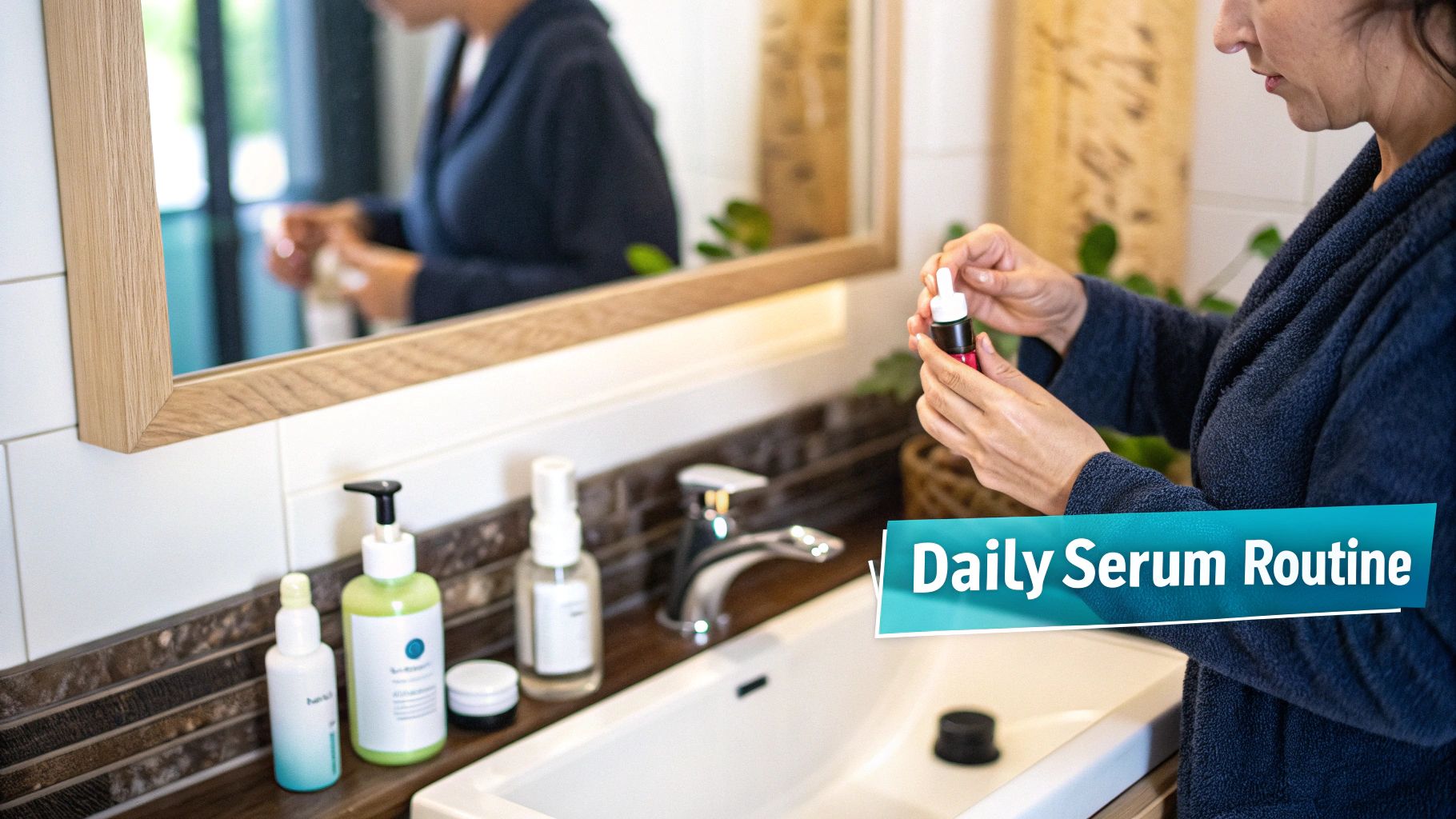 Woman with dewy skin applying serum to her face