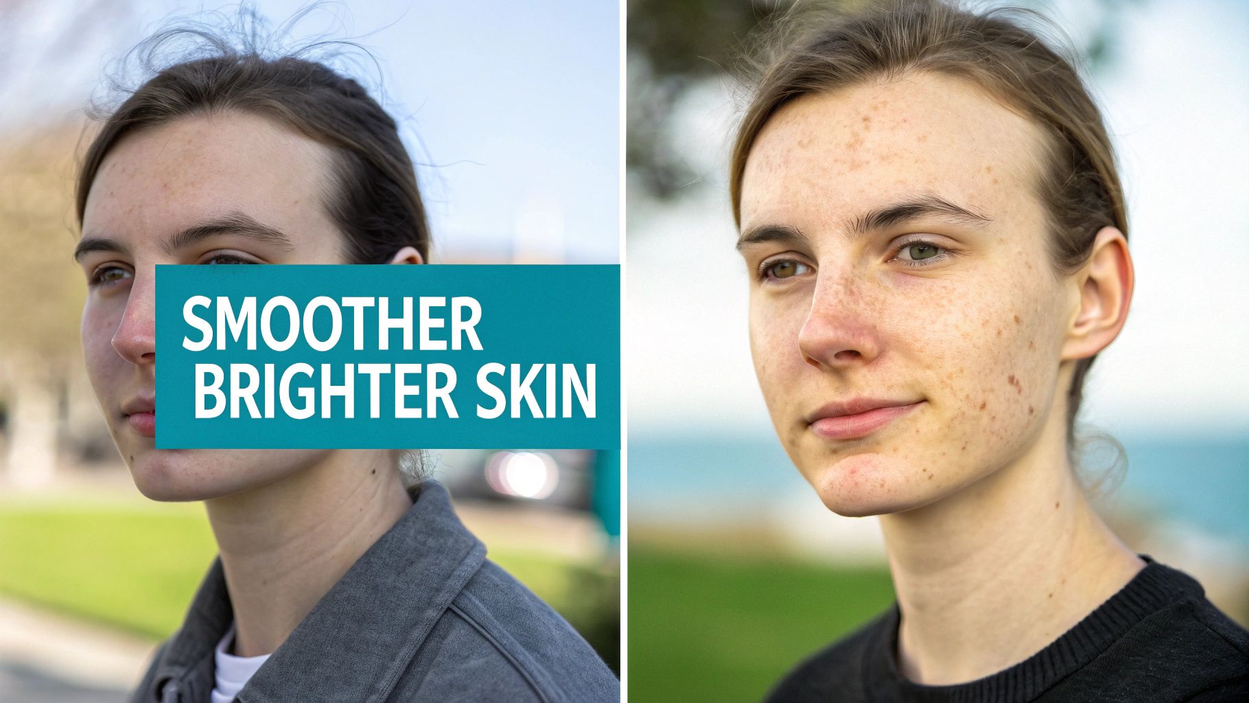 A young person's face shown before and after, demonstrating smoother, brighter skin results.