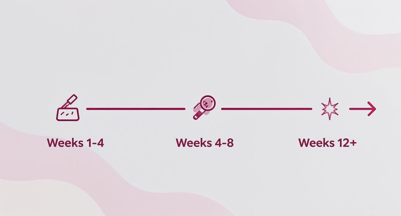 Timeline illustrating eyelash serum application (Weeks 1-4), result observation (Weeks 4-8), and long-term effects (Weeks 12+).