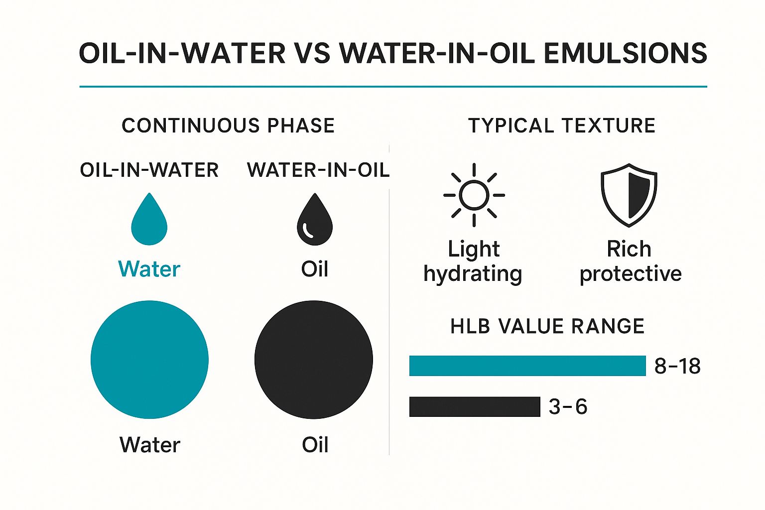 An infographic comparing Oil-in-Water vs Water-in-Oil emulsions. It shows the continuous phase, typical texture, and HLB value range for each.