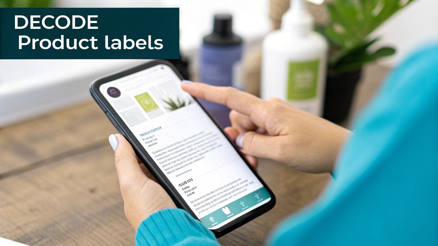A person uses a smartphone to decode product labels, browsing digital information about skin care products.