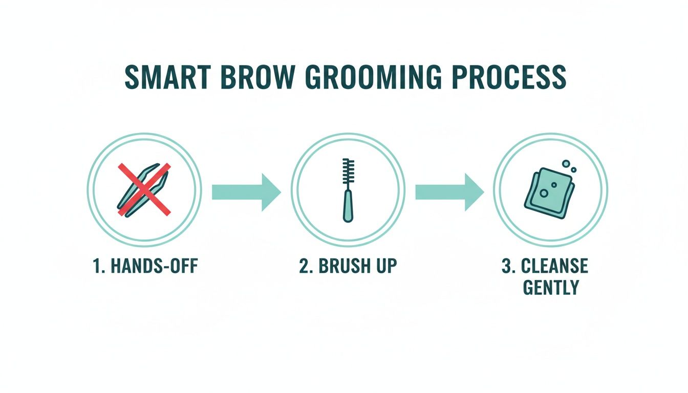 An infographic showing a three-step smart brow grooming process: hands-off, brush up, and cleanse gently.