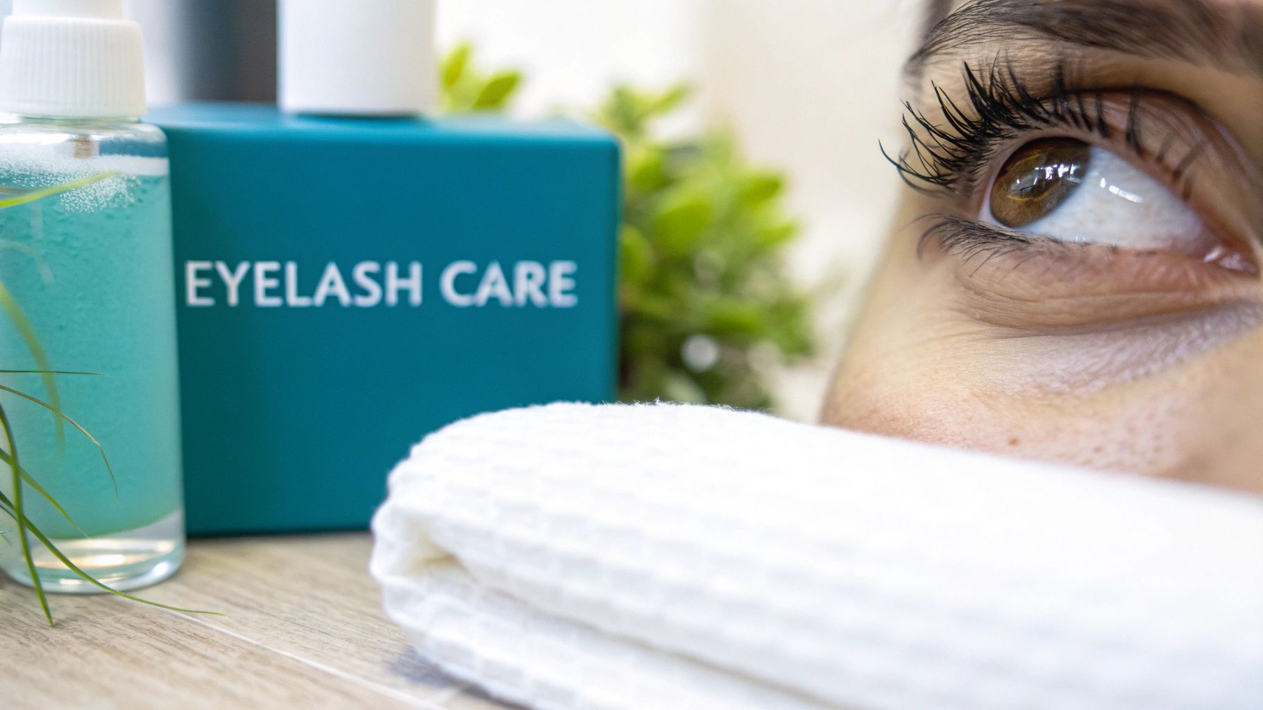 A close-up of a person's eye with long, defined eyelashes next to eyelash care products and a white towel.