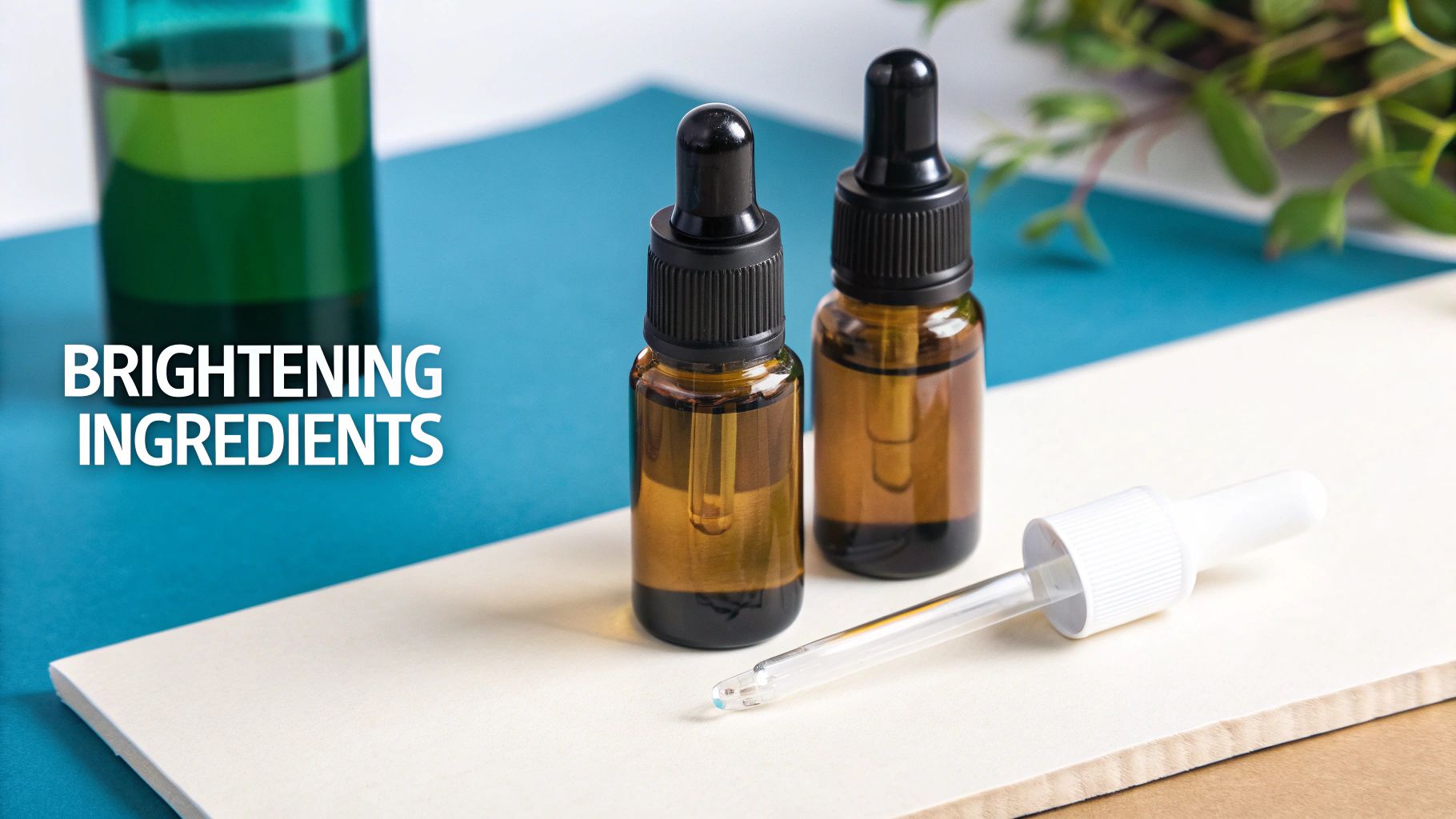 Two amber dropper bottles and a green bottle on a blue and white surface with text 'Brightening Ingredients'.