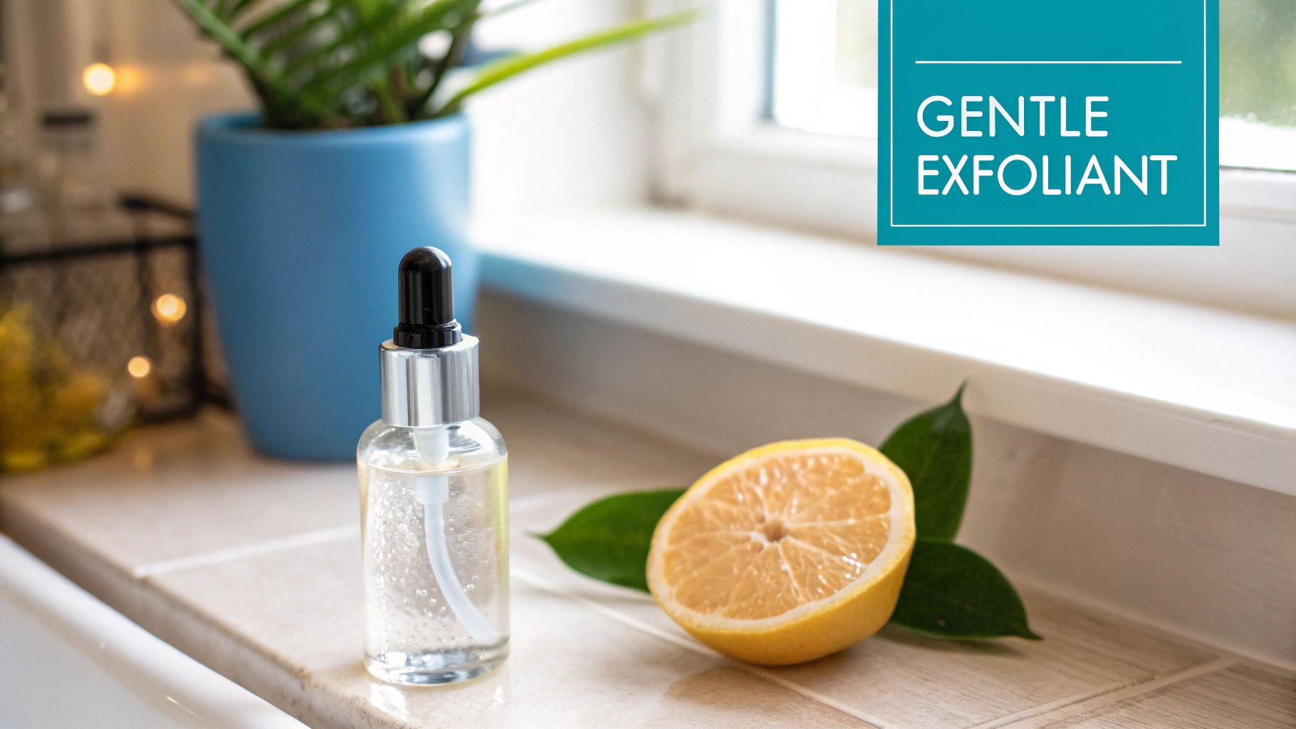 A clear dropper bottle with liquid and a cut lemon on a tiled counter, labeled 'Gentle Exfoliant'.