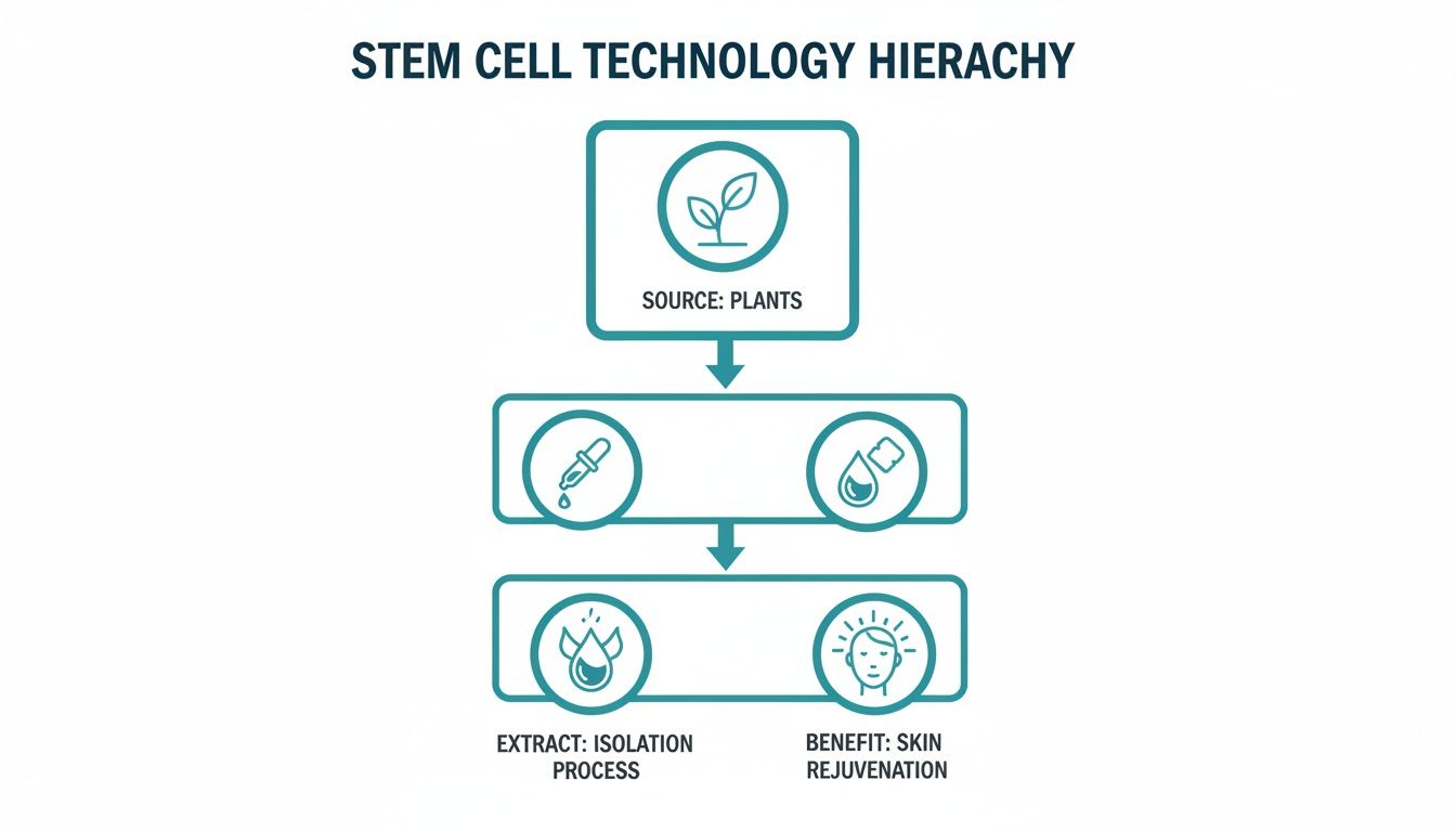 A diagram illustrating the stem cell technology hierarchy from plant sources to skin rejuvenation.
