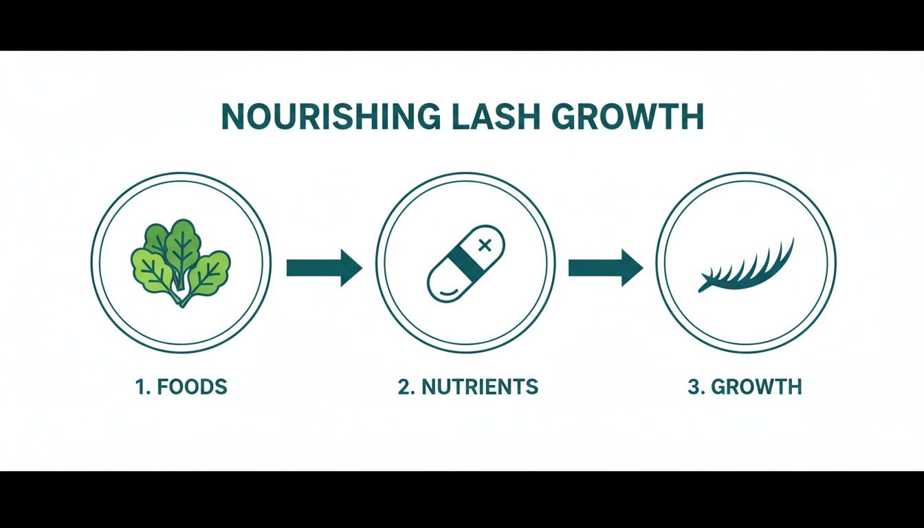 Flowchart illustrating the process of nourishing lash growth: foods provide nutrients, leading to healthy lashes.