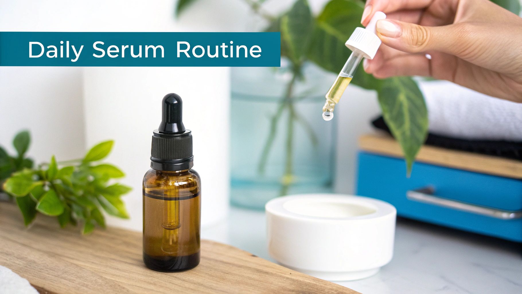 A hand holds a dropper with yellow face serum over a bottle, illustrating a daily skincare routine.