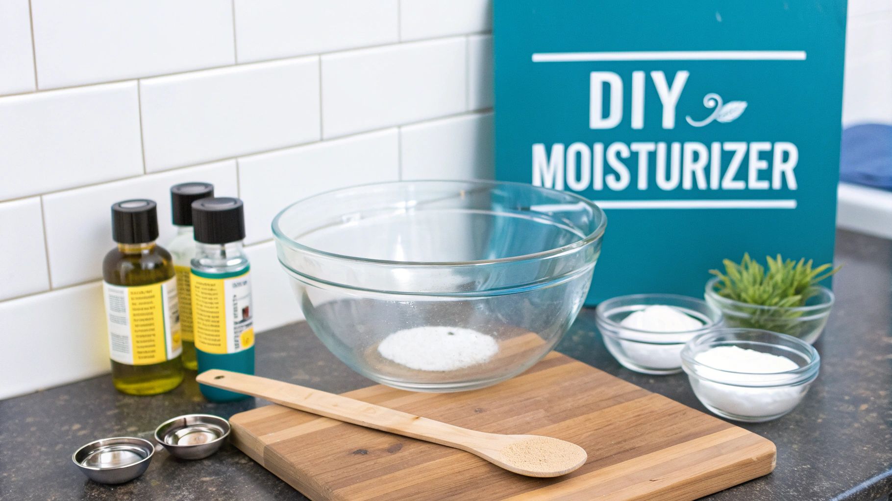 A countertop displays various ingredients and tools for making homemade DIY moisturizer.