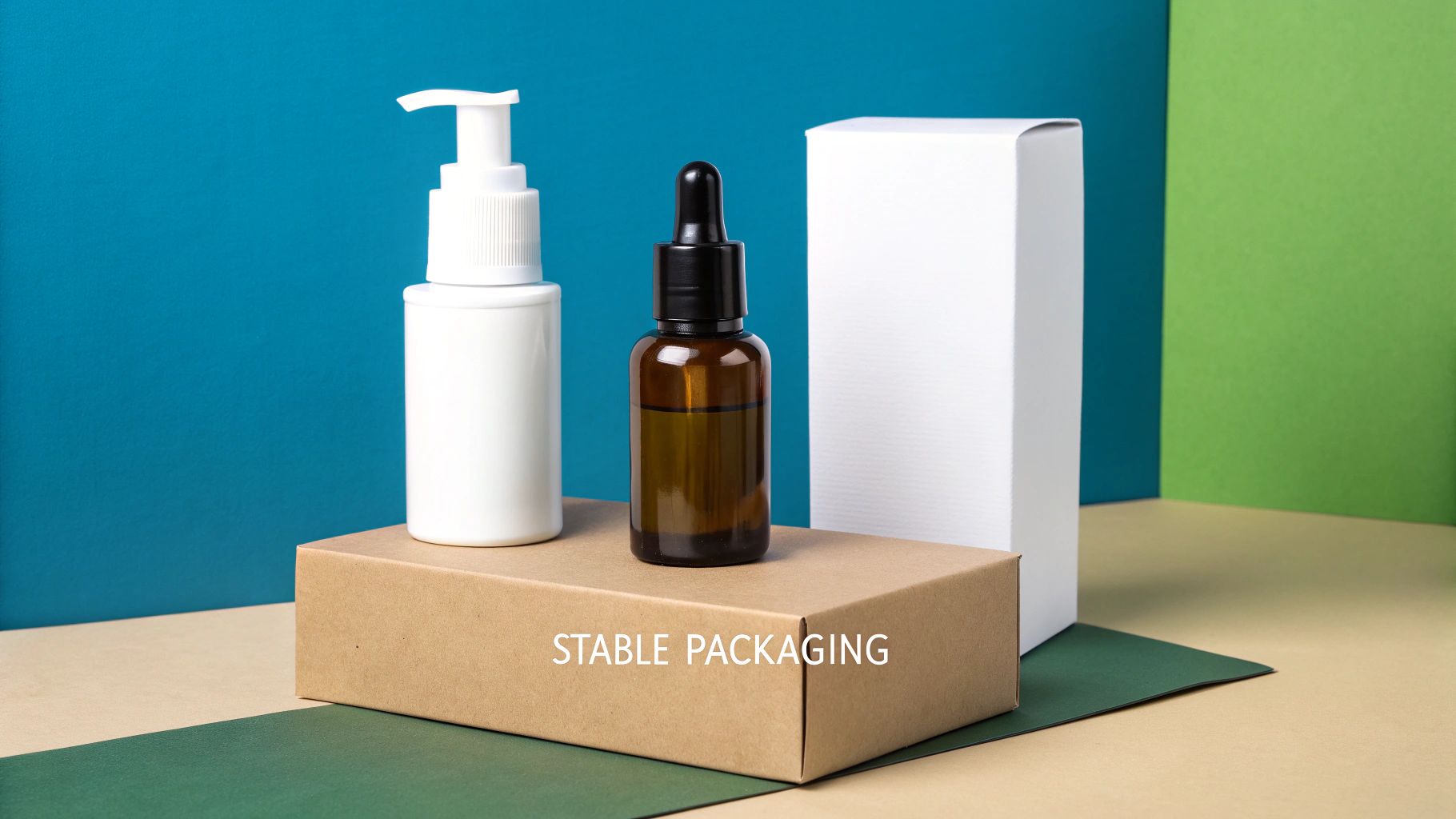 Two cosmetic bottles (pump and dropper) and a white product box on a brown cardboard, showcasing stable packaging.