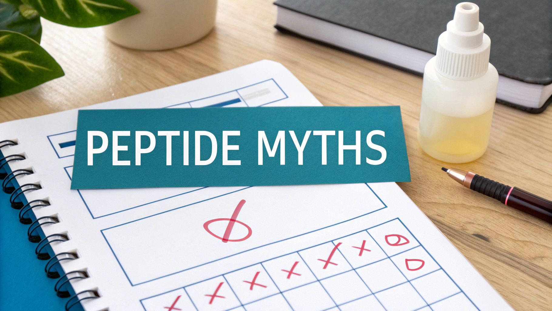 A skincare product bottle with a dropper, surrounded by abstract representations of peptide chains, symbolizing debunking myths with science.