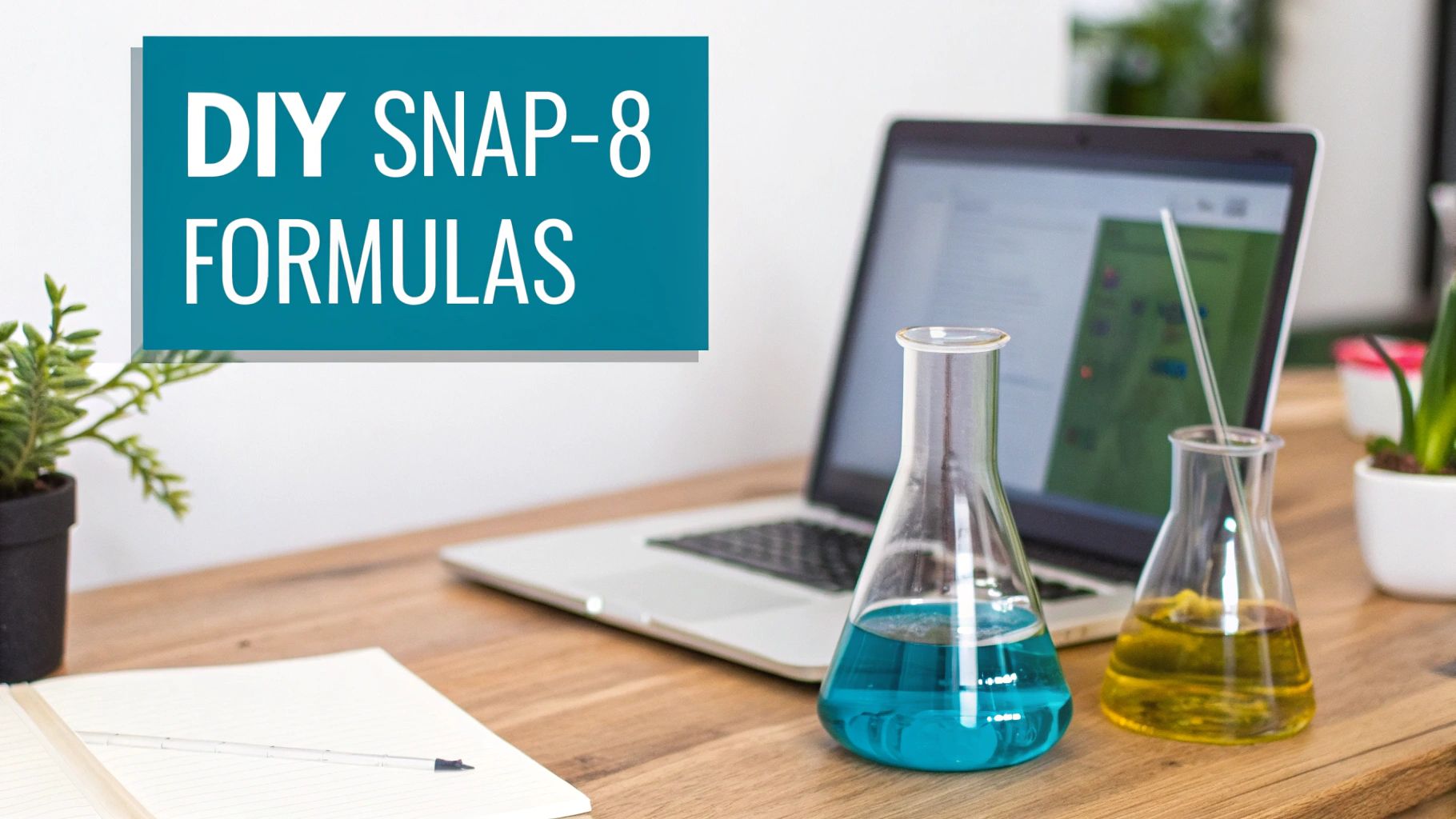 A desk with a laptop, beakers with colorful liquids, a plant, and text 'DIY SNAP-8 FORMULAS'.