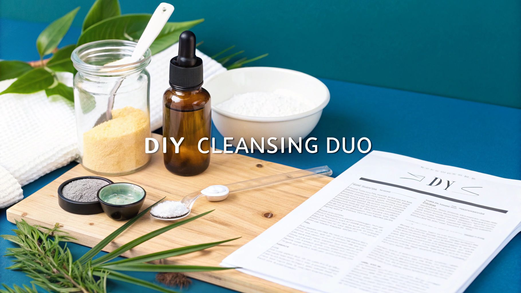 Natural ingredients and tools for a DIY cleansing duo, including powders, oils, and herbs.