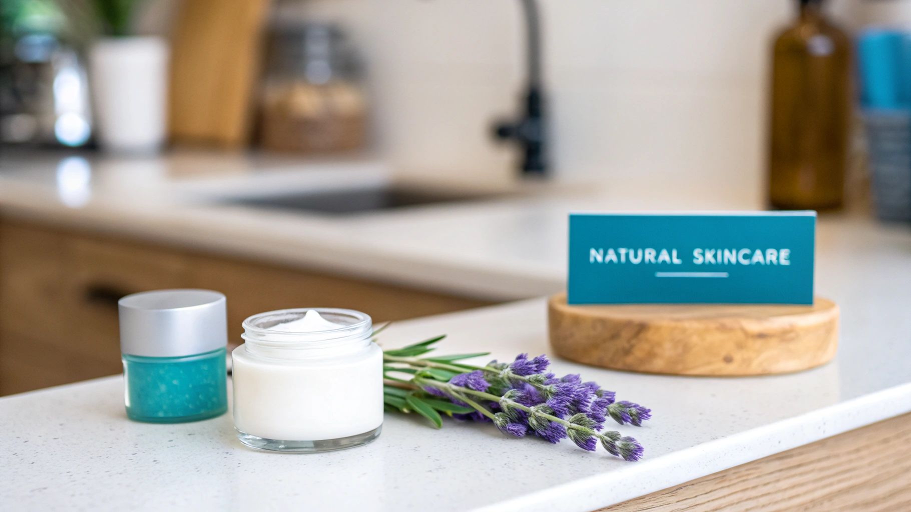 Jars of natural cream and scrub with fresh lavender on a white kitchen counter, promoting natural skincare.