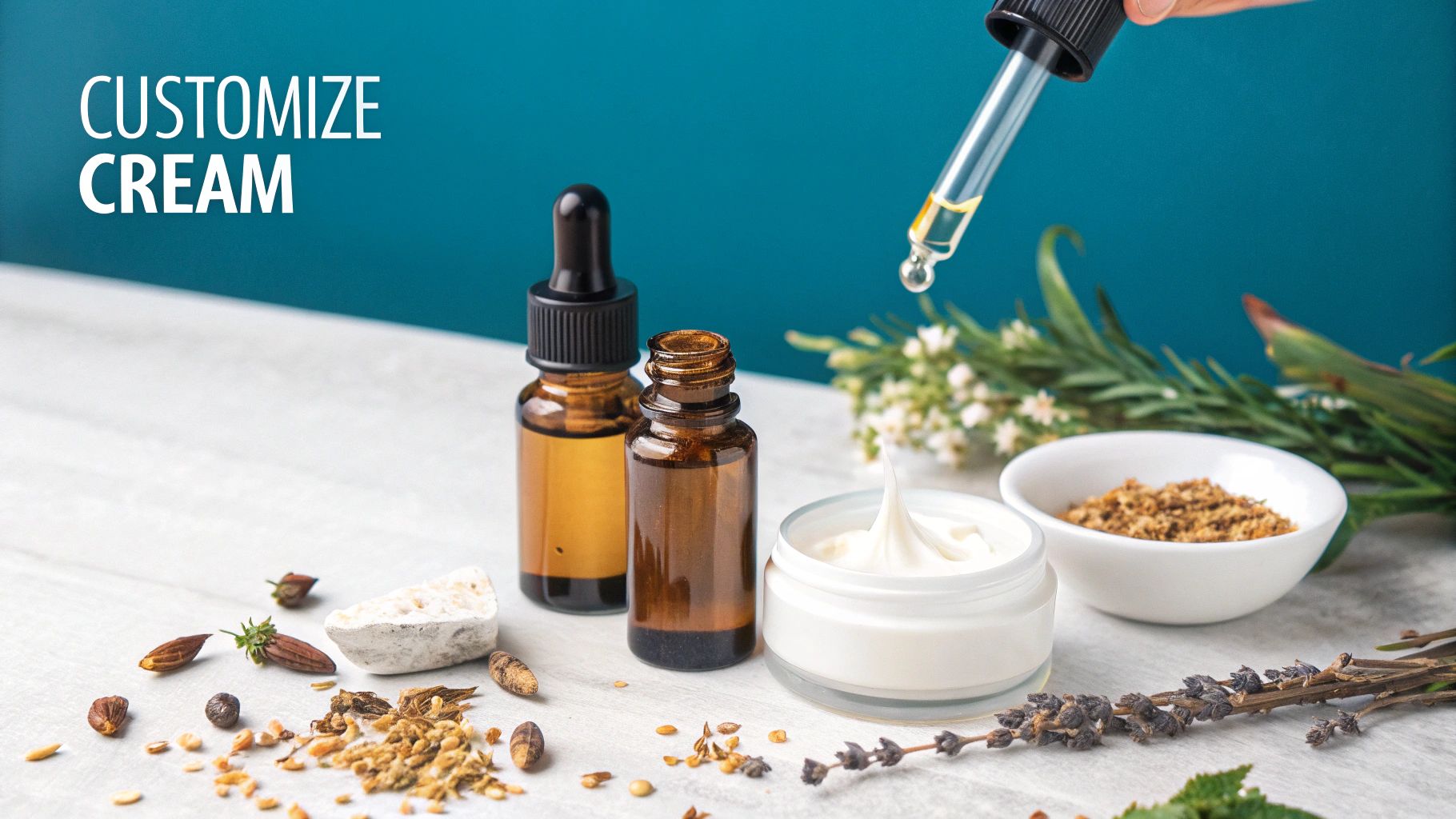 Natural ingredients, essential oils, and a jar of cream for DIY skincare customization.