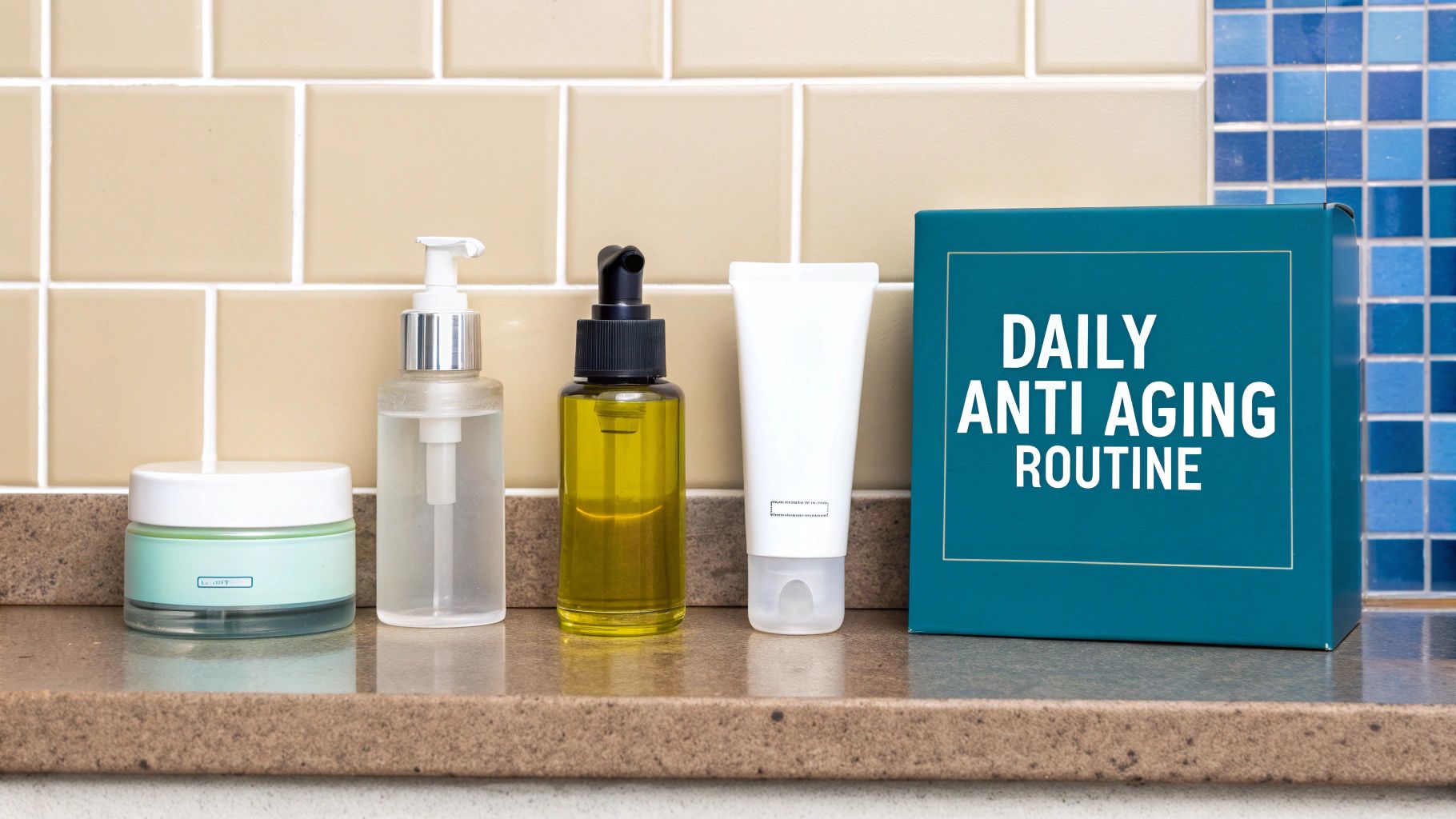 A collection of anti-aging skincare products, including creams, oils, and a box, on a bathroom counter.