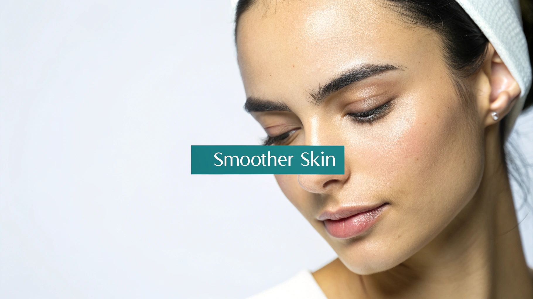 A woman with smooth, radiant skin and closed eyes, wearing a white head wrap, with text 'Smoother Skin'.