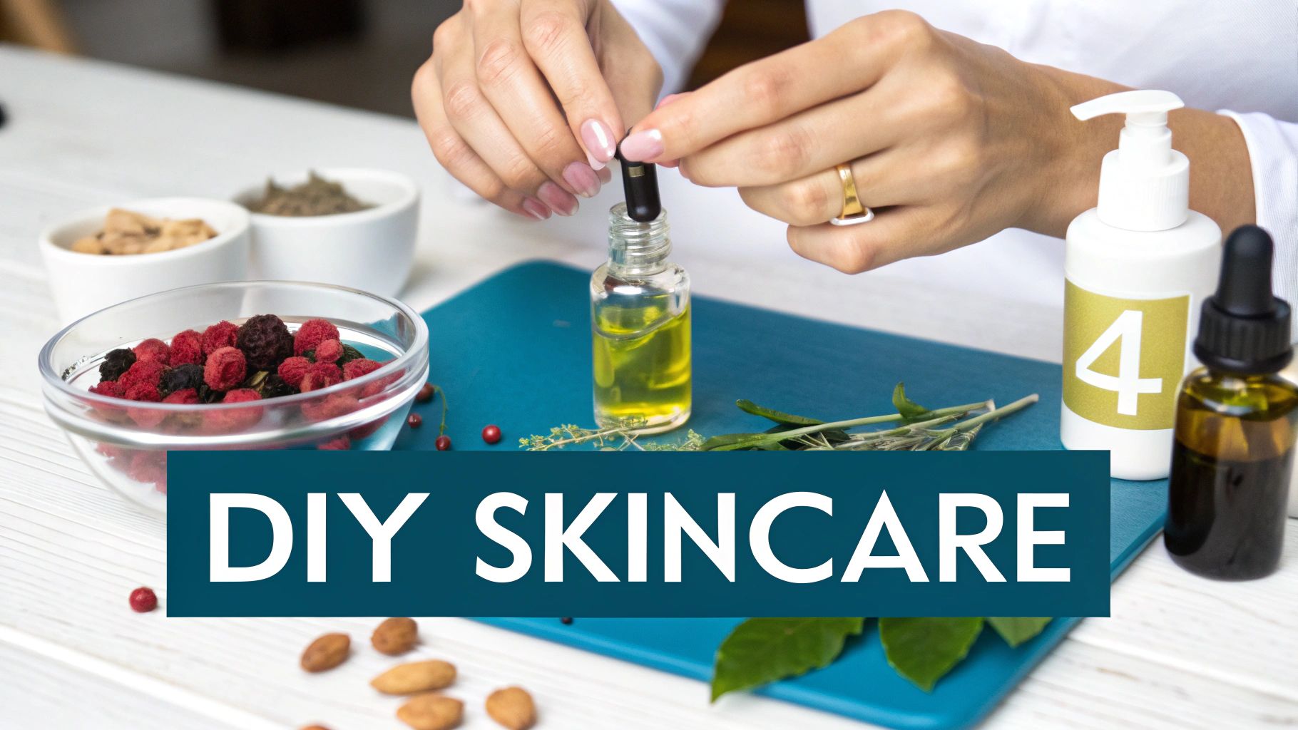 Hands preparing DIY natural skincare with berries, herbs, and oils on a white wooden table.